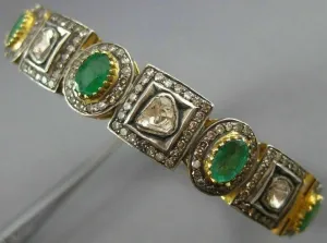 ANTIQUE WIDE 11.50CT DIAMOND & AAA EMERALD 14K YELLOW GOLD & SILVER BANGLE 23425