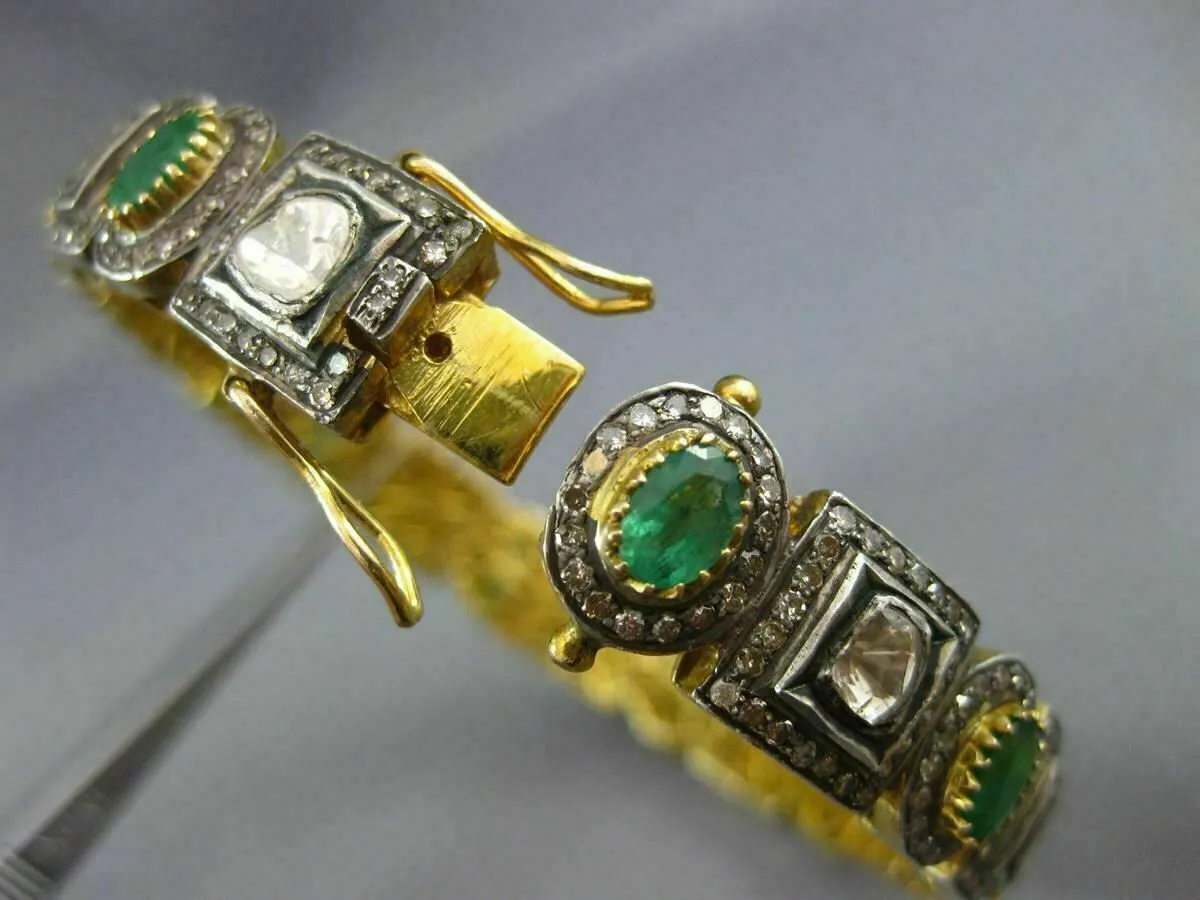 ANTIQUE WIDE 11.50CT DIAMOND & AAA EMERALD 14K YELLOW GOLD & SILVER BANGLE 23425