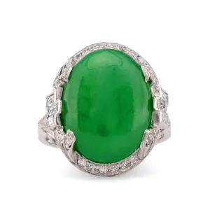 Art Deco French GIA 8.8 Carat Green Jade Diamond Platinum Ring