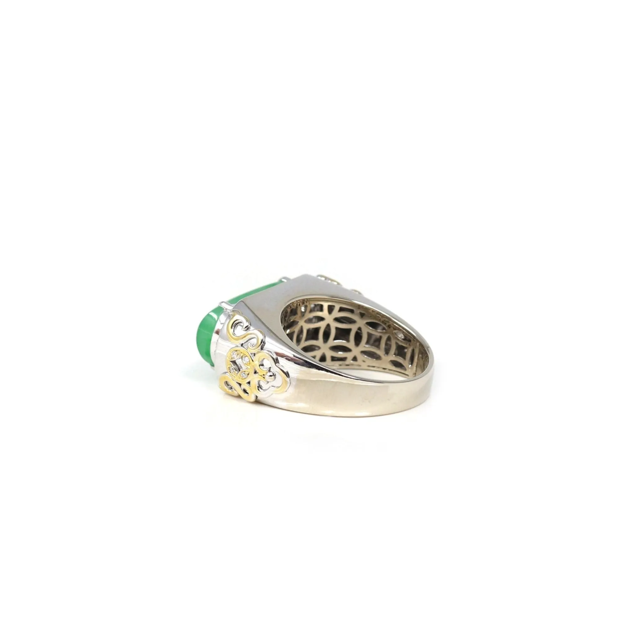 Baikalla 18k White 2 Tone Gold Natural Imperial Green Jadeite Jade Men's Ring