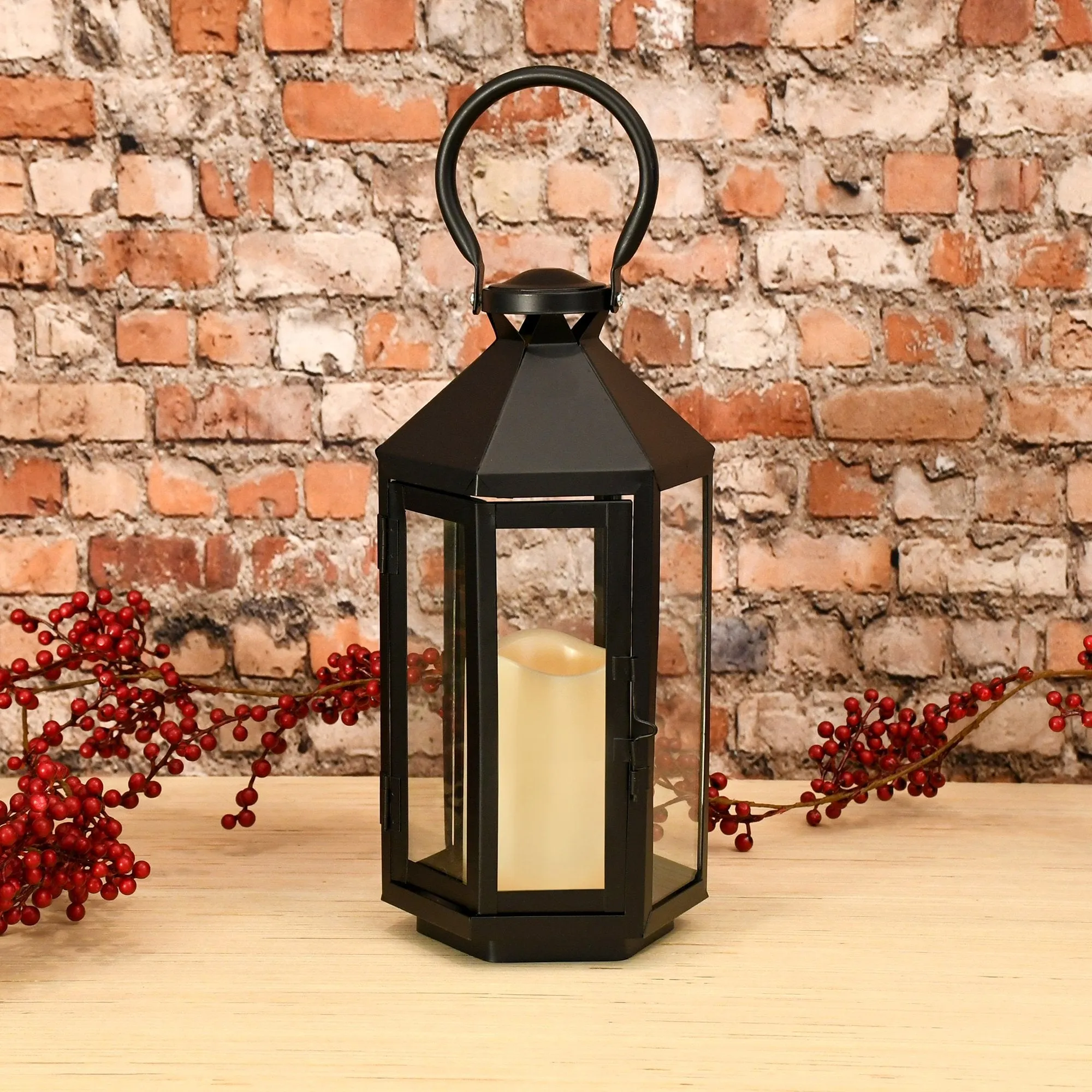 Black Hexagon Metal Lantern with LED Candle