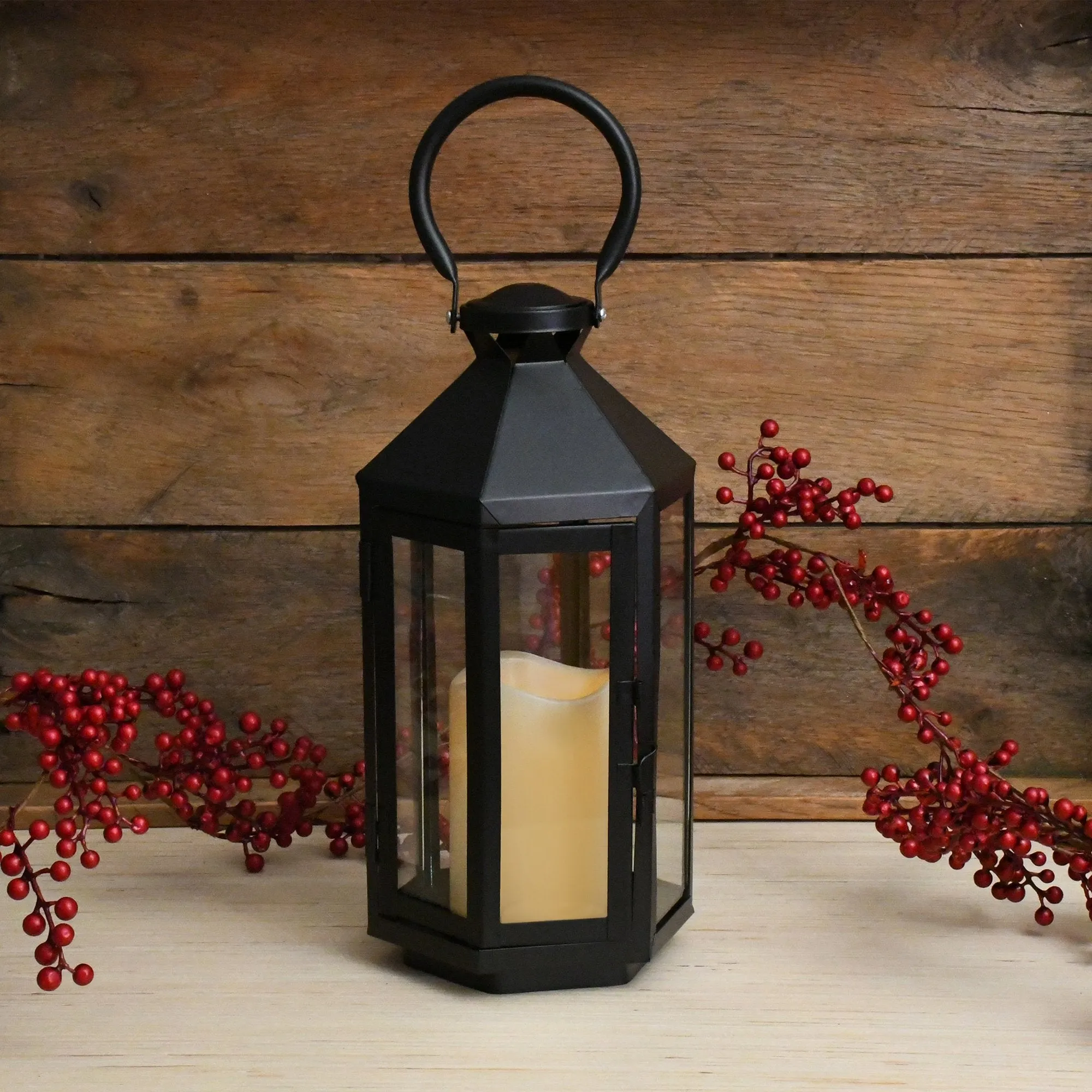 Black Hexagon Metal Lantern with LED Candle