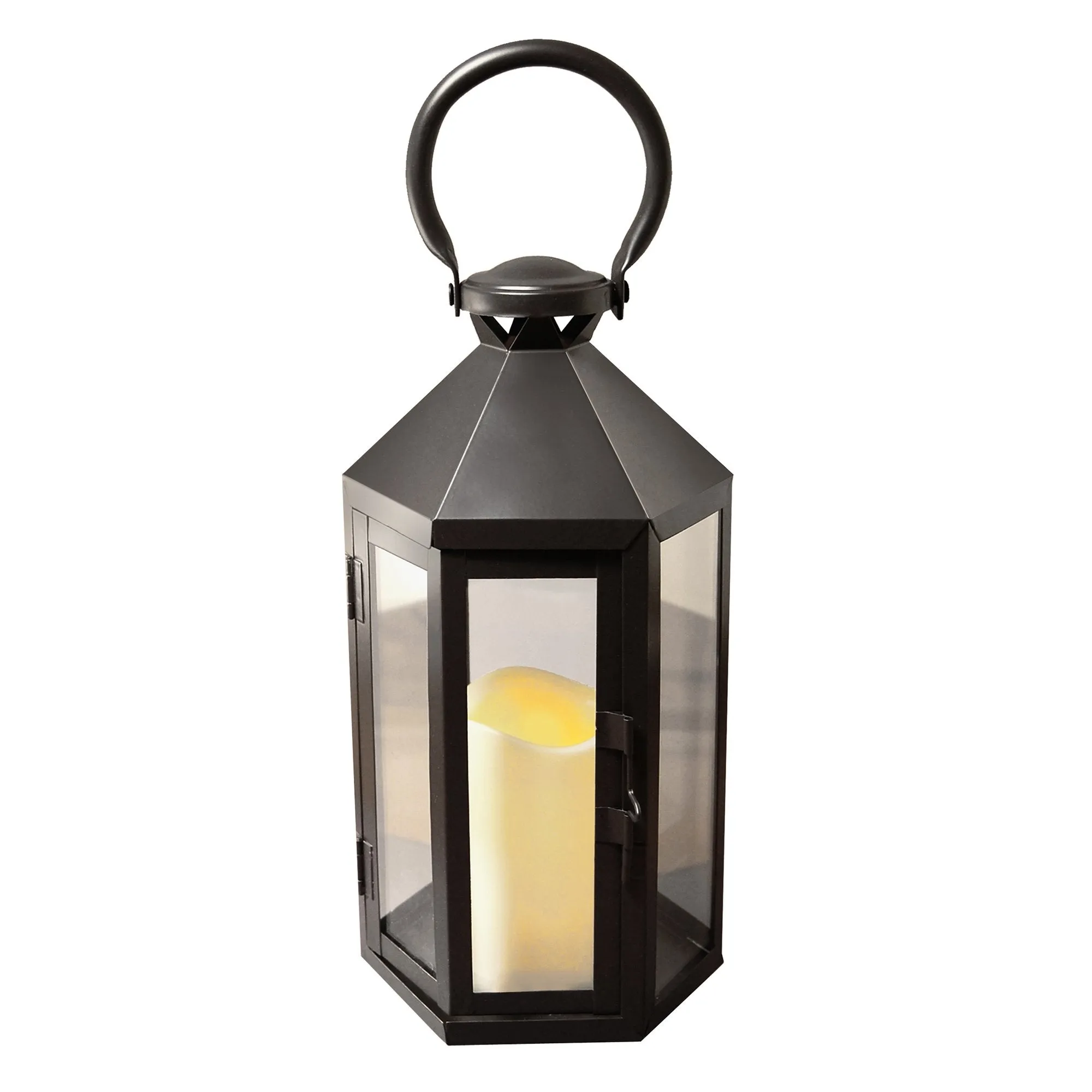 Black Hexagon Metal Lantern with LED Candle