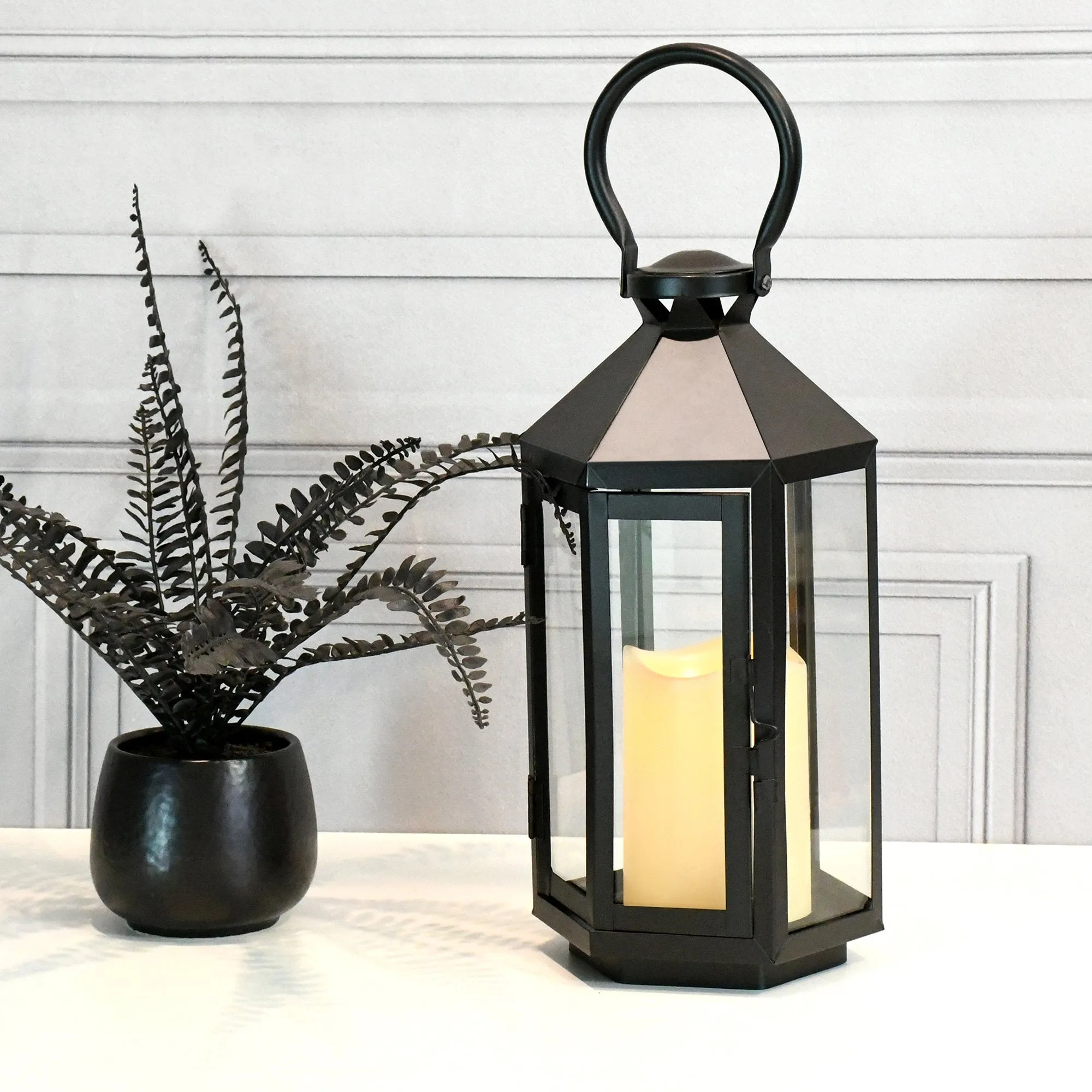 Black Hexagon Metal Lantern with LED Candle