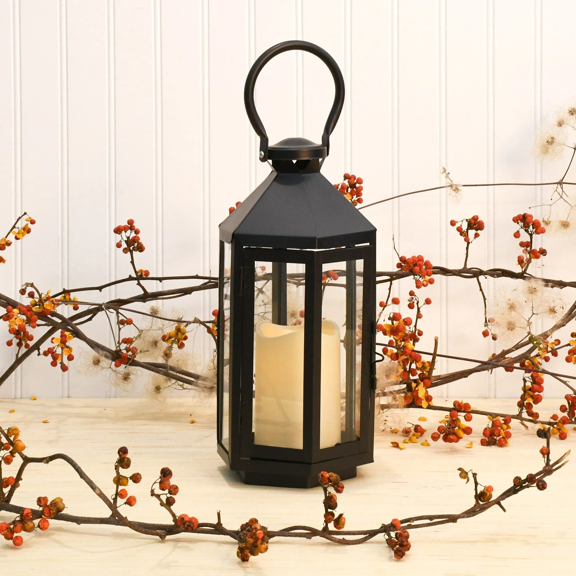 Black Hexagon Metal Lantern with LED Candle