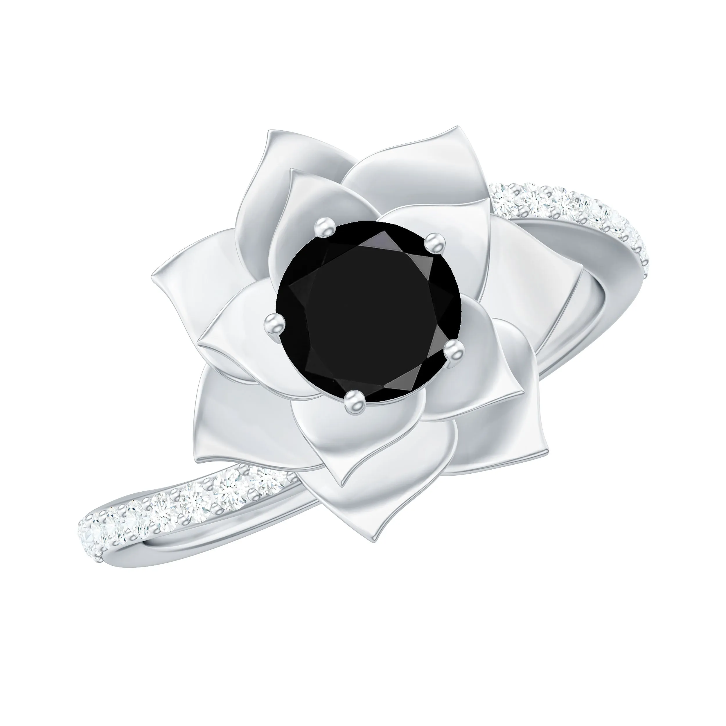 Black Onyx and Diamond Flower Engagement Ring with Bypass Shank