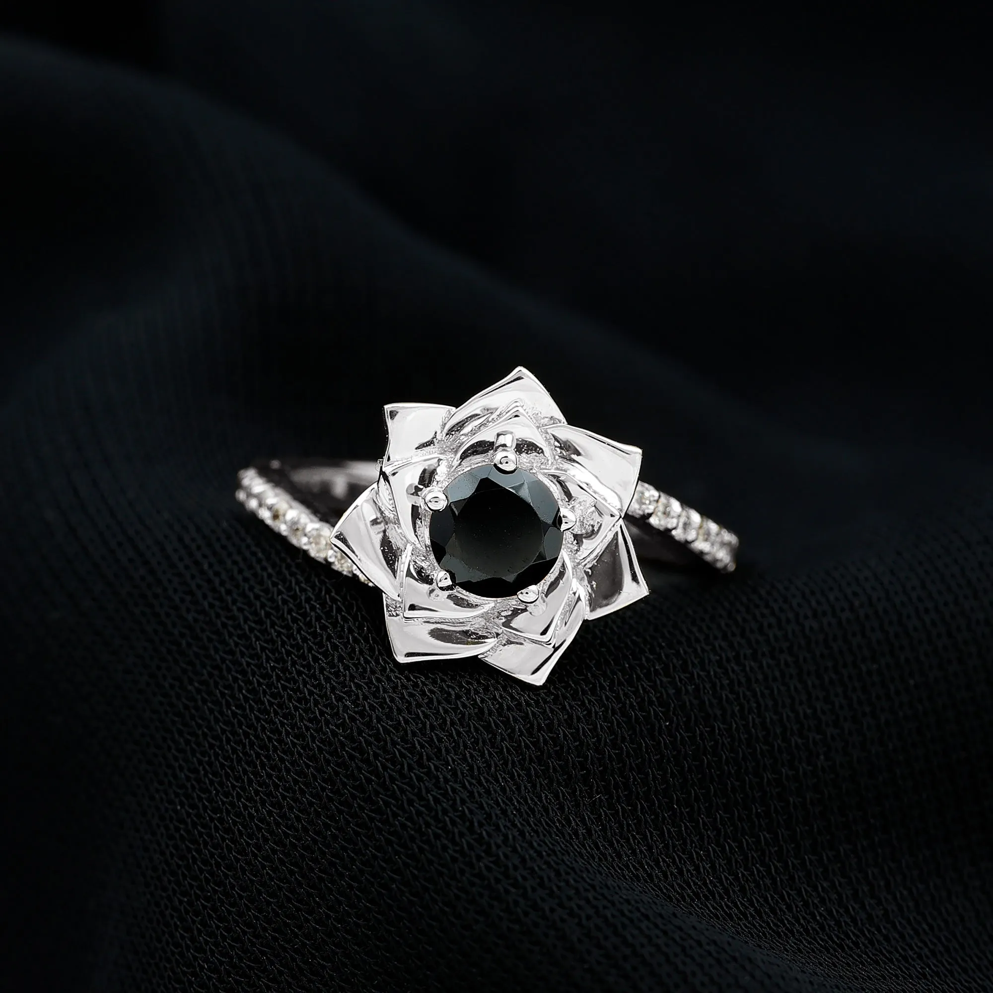 Black Onyx and Diamond Flower Engagement Ring with Bypass Shank