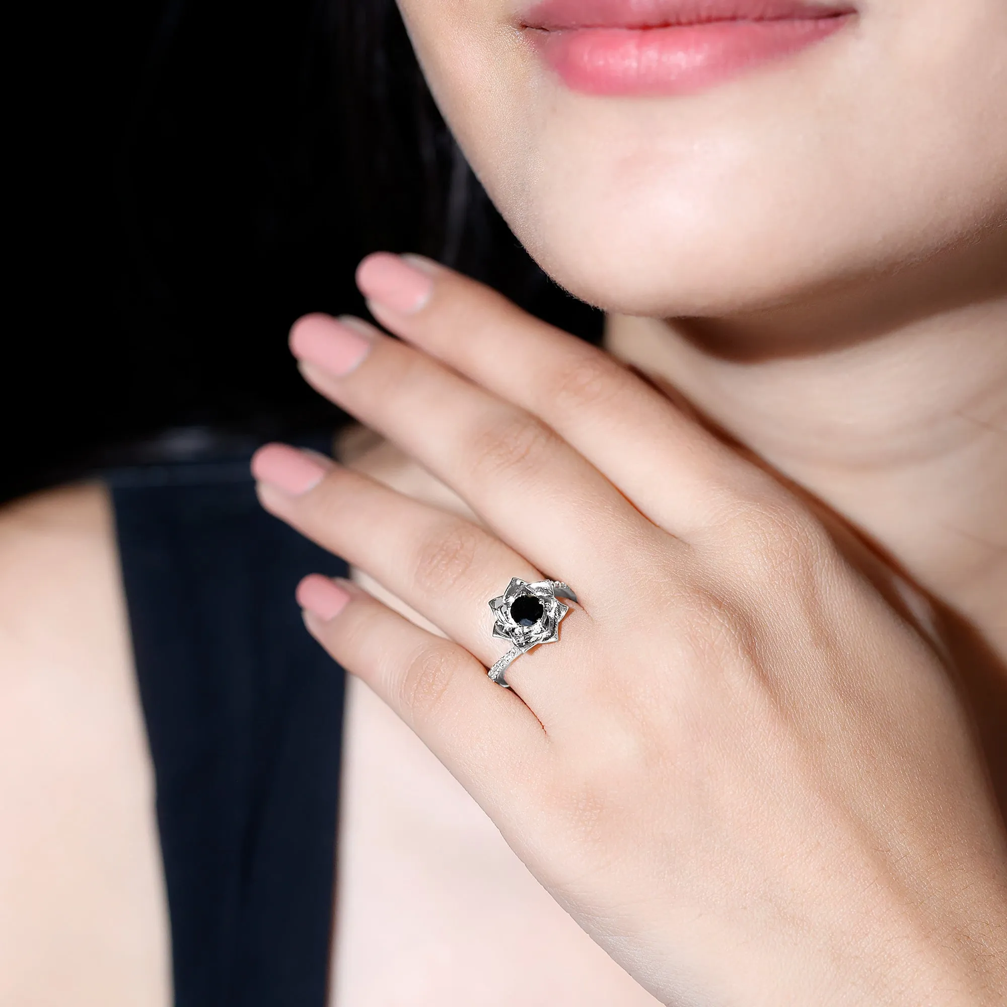 Black Onyx and Diamond Flower Engagement Ring with Bypass Shank