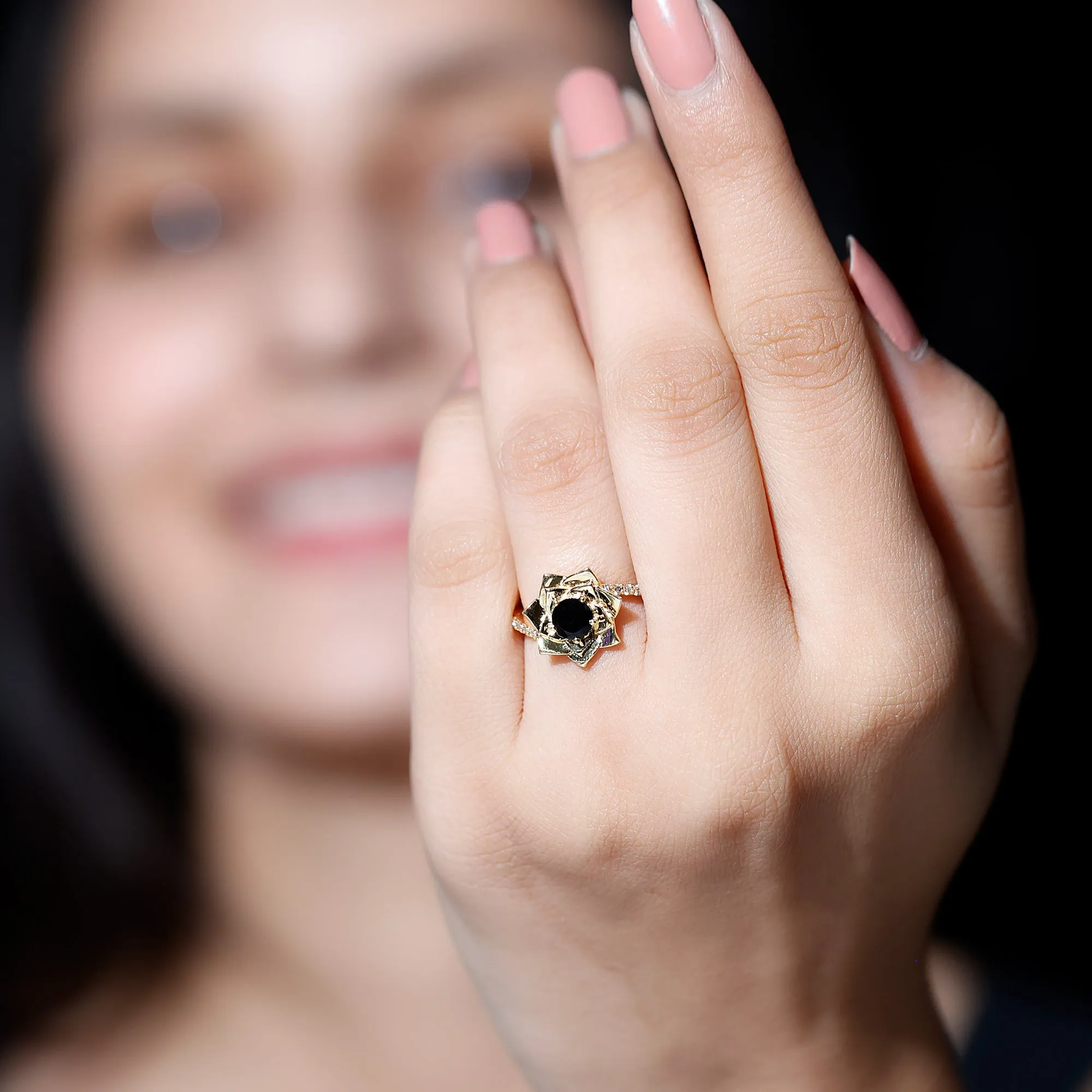 Black Onyx and Diamond Flower Engagement Ring with Bypass Shank