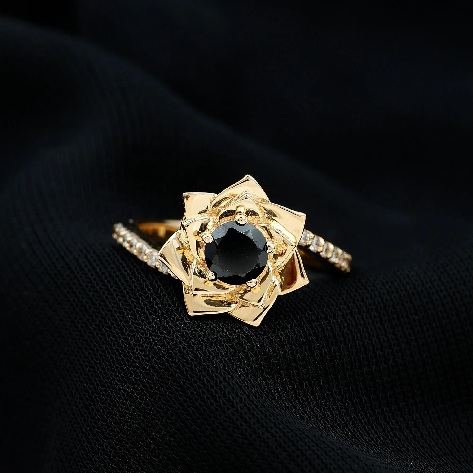 Black Onyx and Diamond Flower Engagement Ring with Bypass Shank