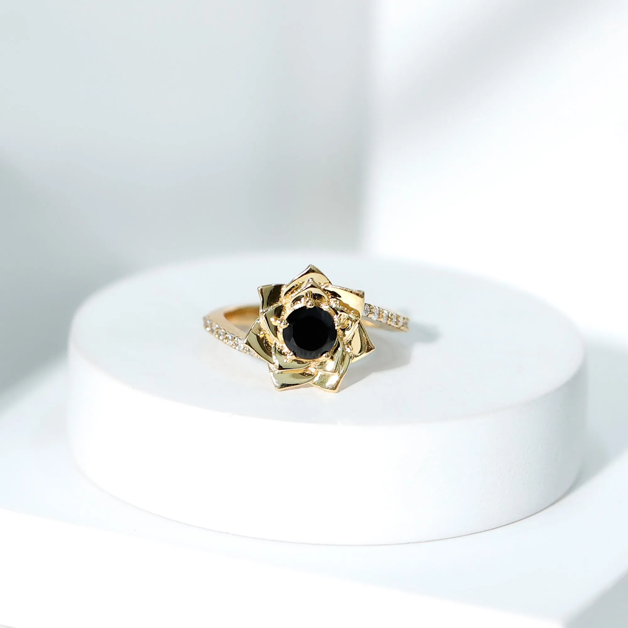 Black Onyx and Diamond Flower Engagement Ring with Bypass Shank