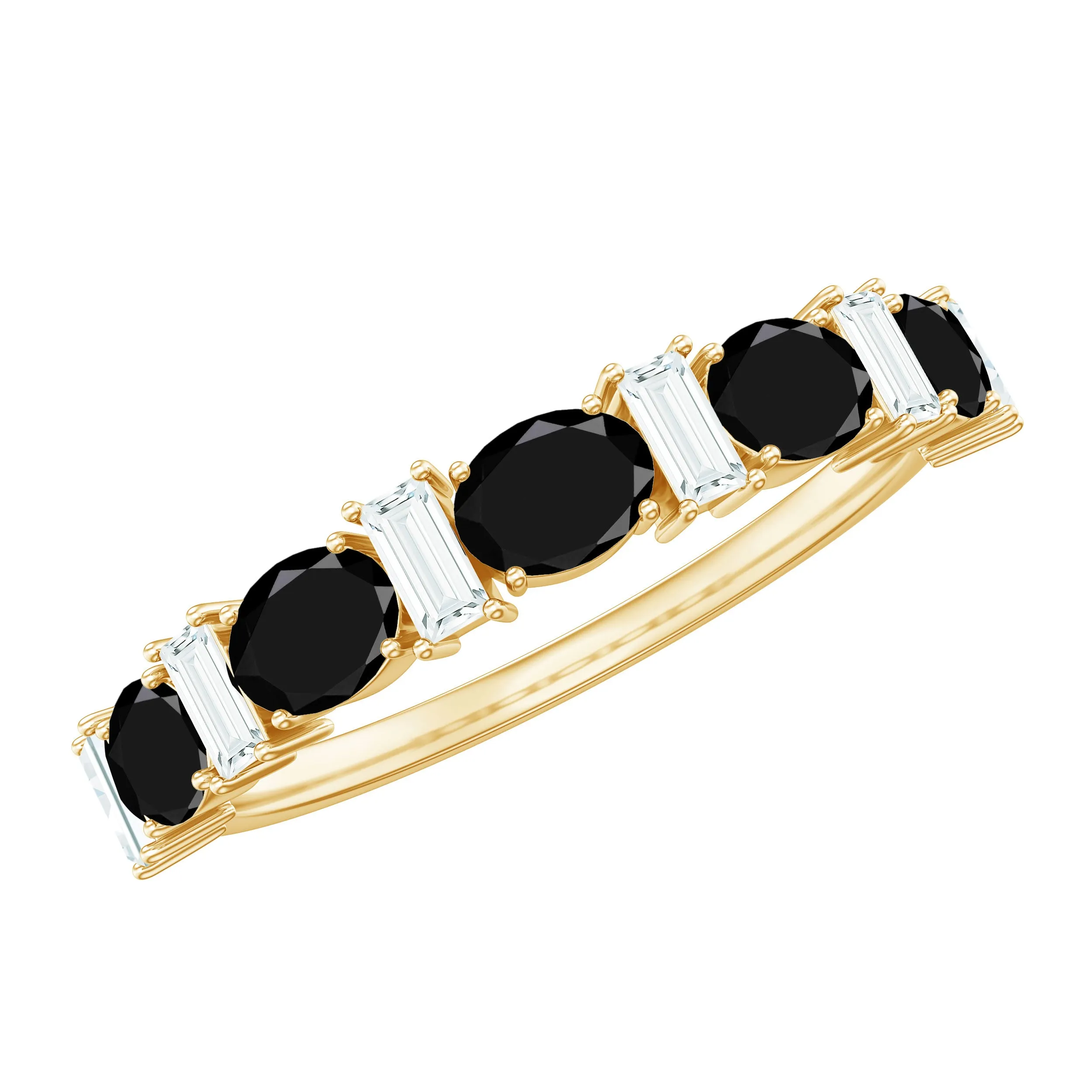 Black Onyx and Diamond Half Eternity Ring in Prong Setting