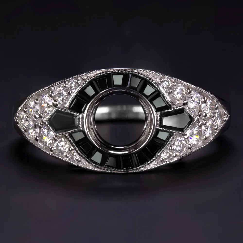 BLACK ONYX DIAMOND ENGAGEMENT RING SETTING ROUND VINTAGE STYLE ART DECO BEZEL