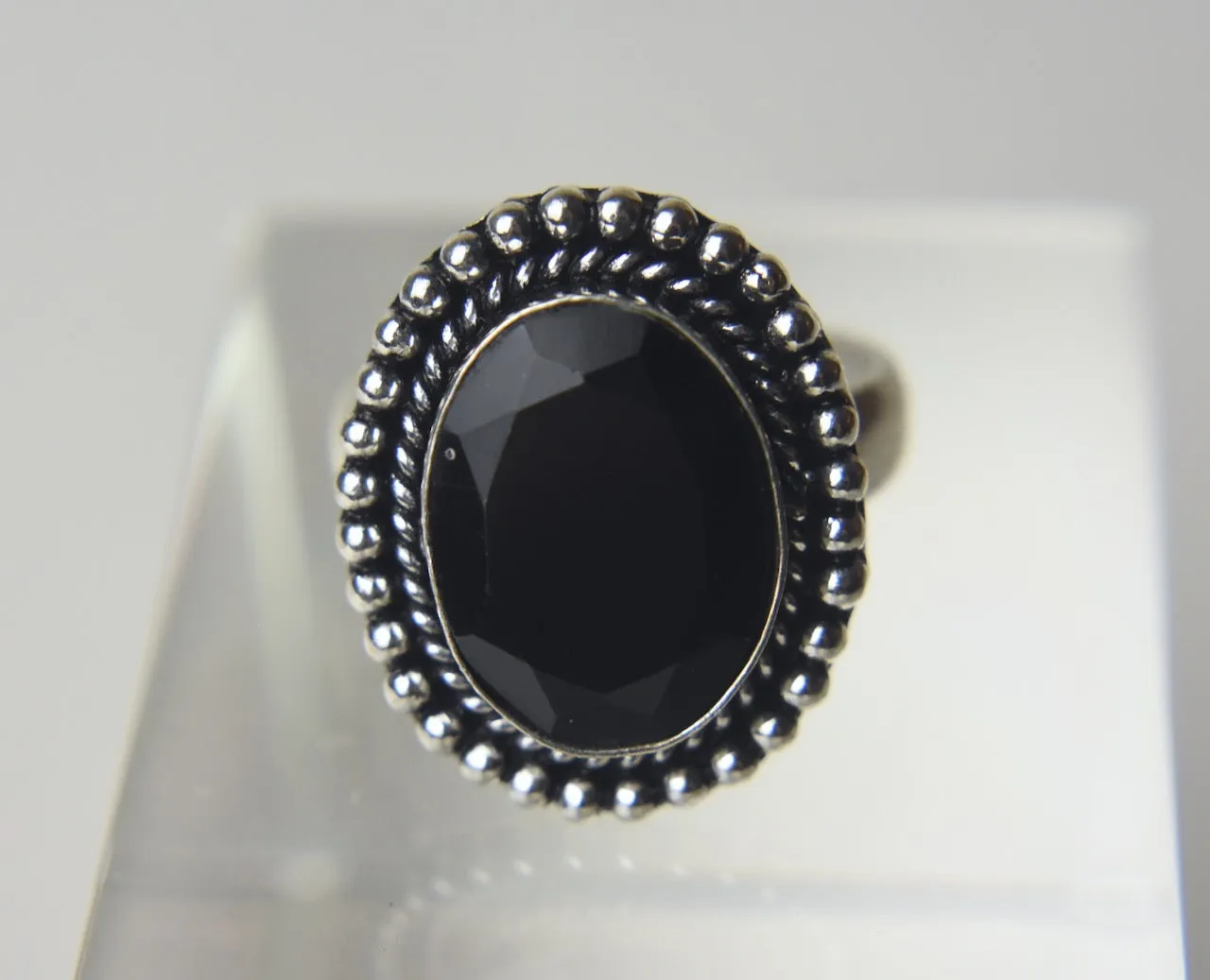 Black Onyx Silver Tone Metal Ring - Size 9.25