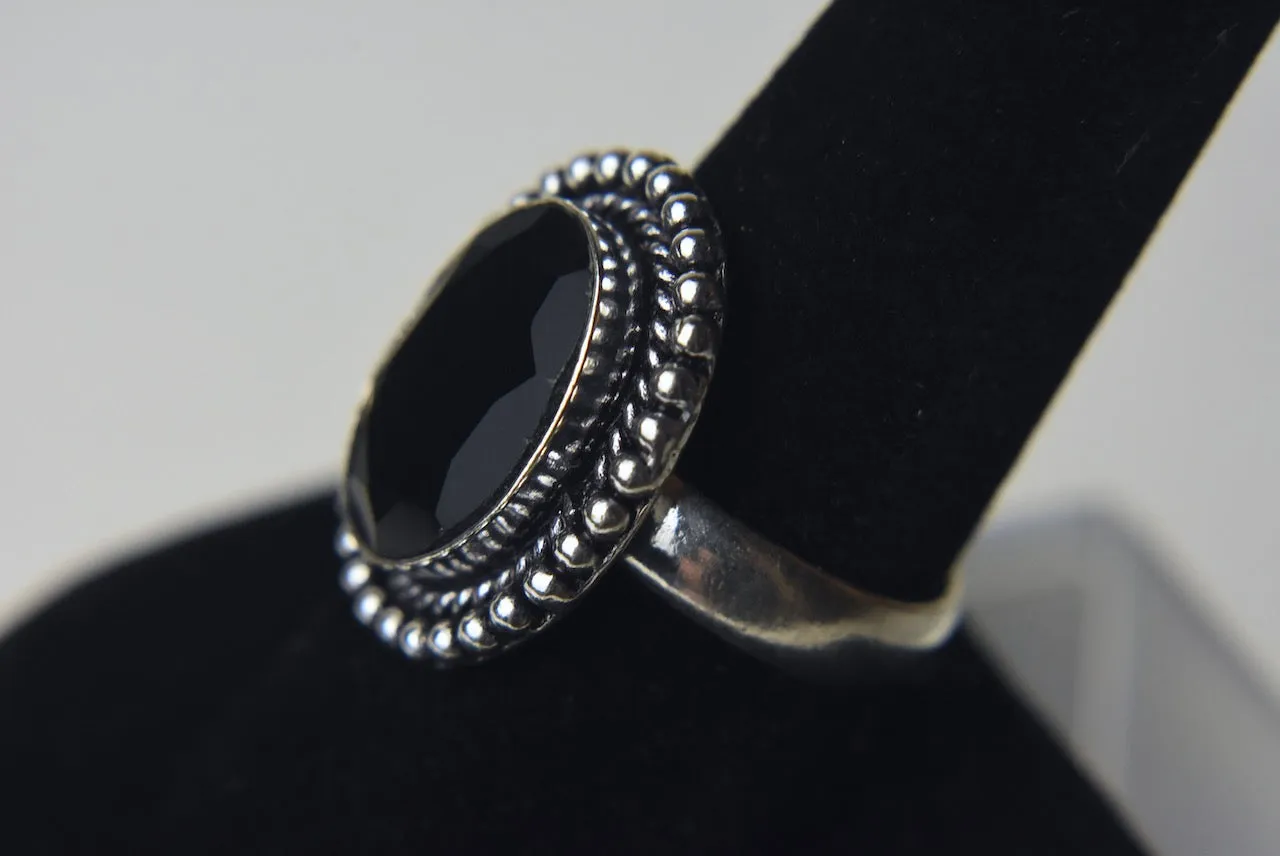 Black Onyx Silver Tone Metal Ring - Size 9.25