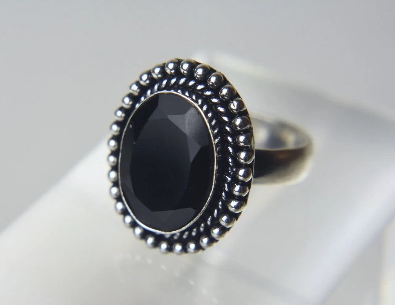 Black Onyx Silver Tone Metal Ring - Size 9.25