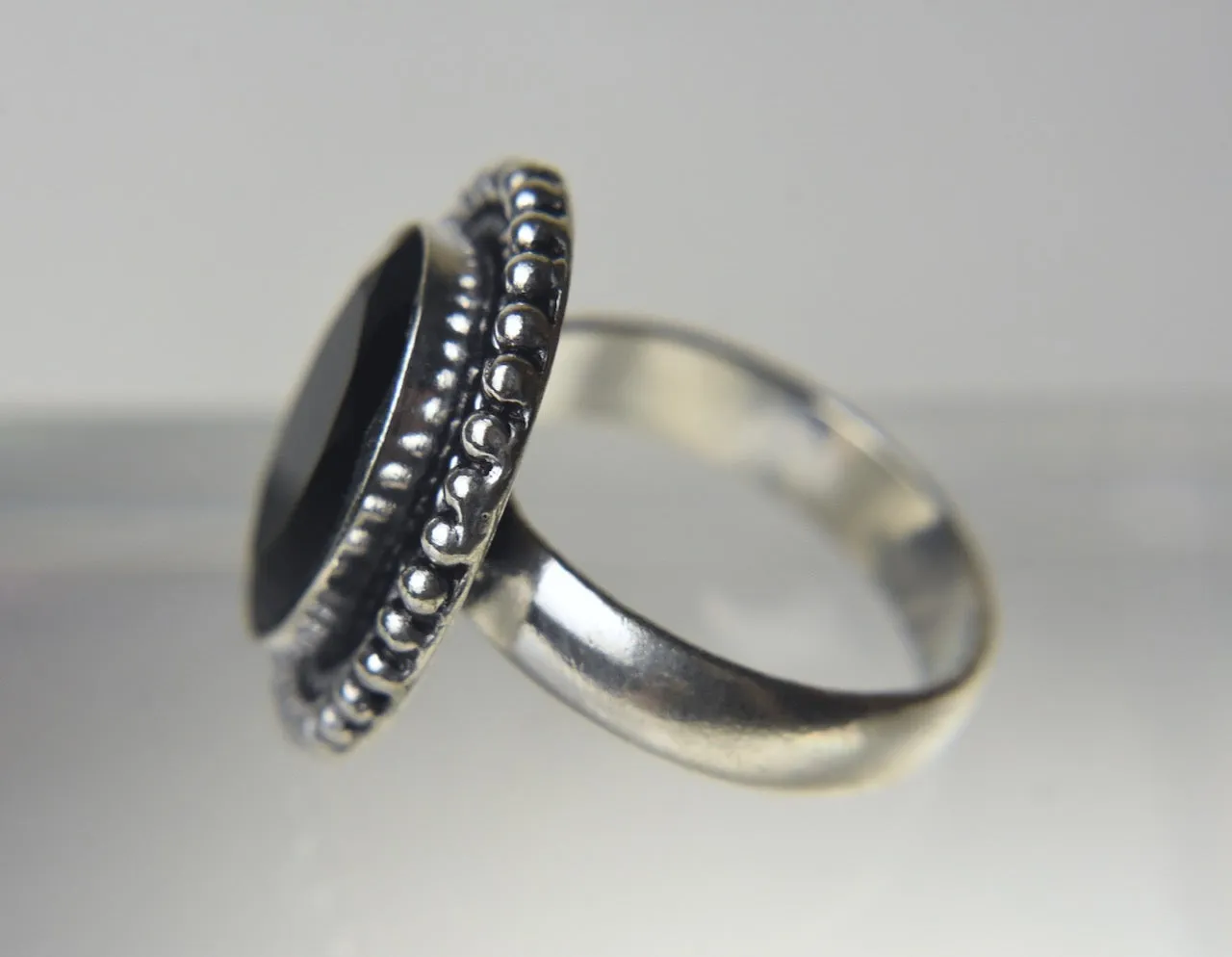 Black Onyx Silver Tone Metal Ring - Size 9.25