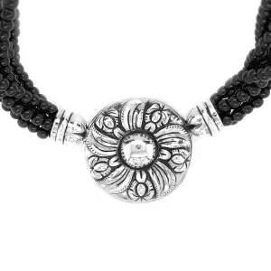 Black Onyx Strands & Sterling Silver Colonial Flower Necklace