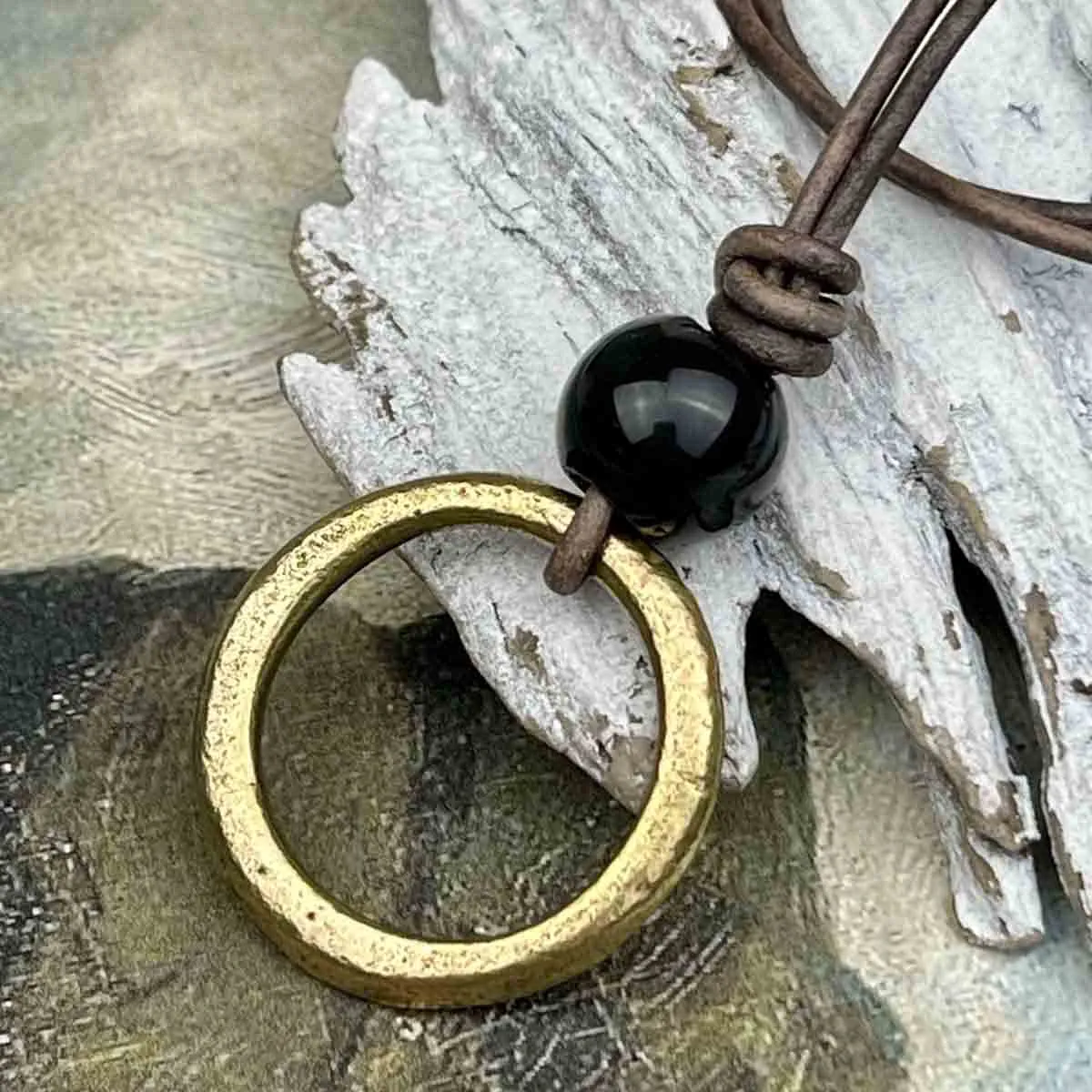 Brightest Golden Bronze Celtic Ring Money & Genuine Obsidian Leather Necklace | Artifact #8385