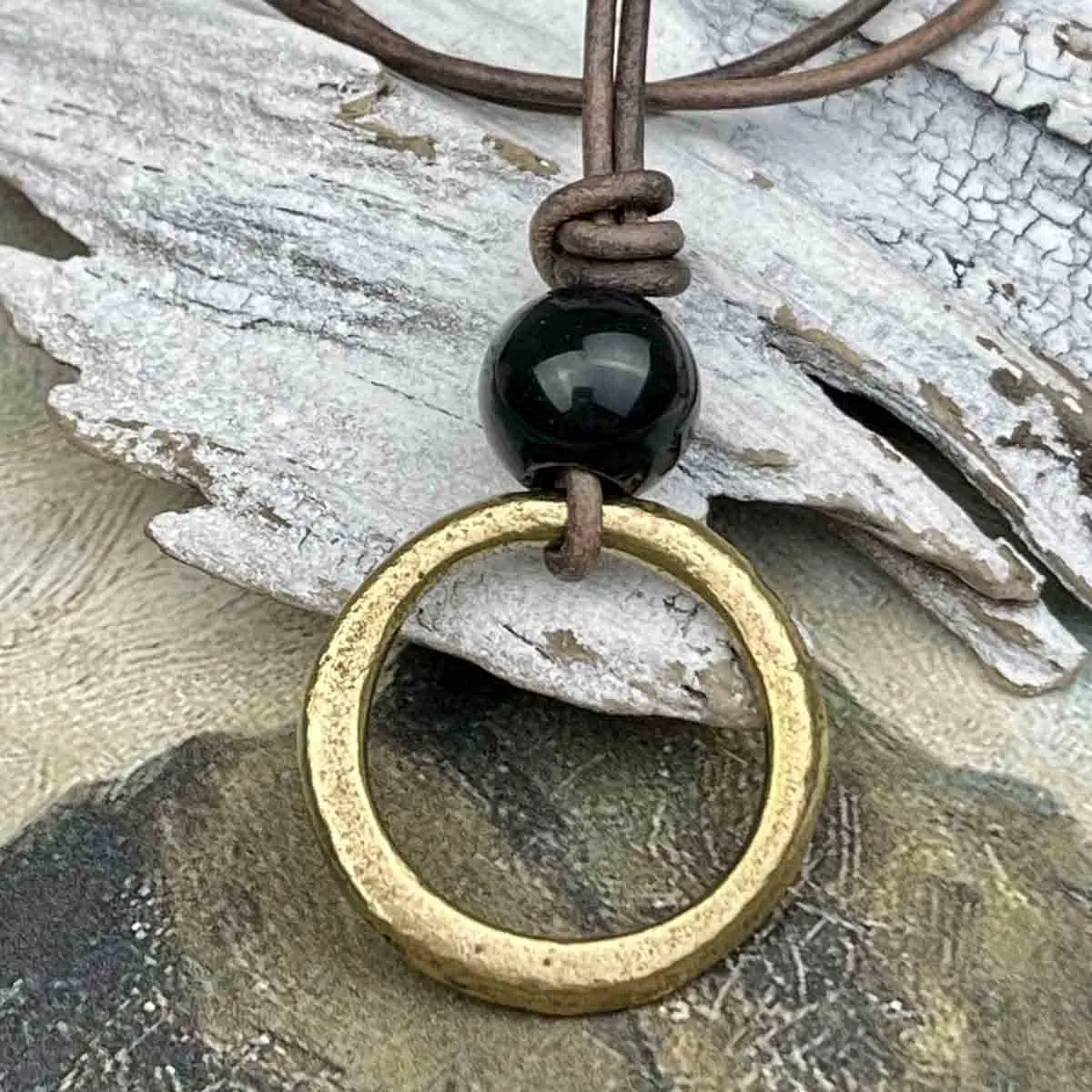 Brightest Golden Bronze Celtic Ring Money & Genuine Obsidian Leather Necklace | Artifact #8385