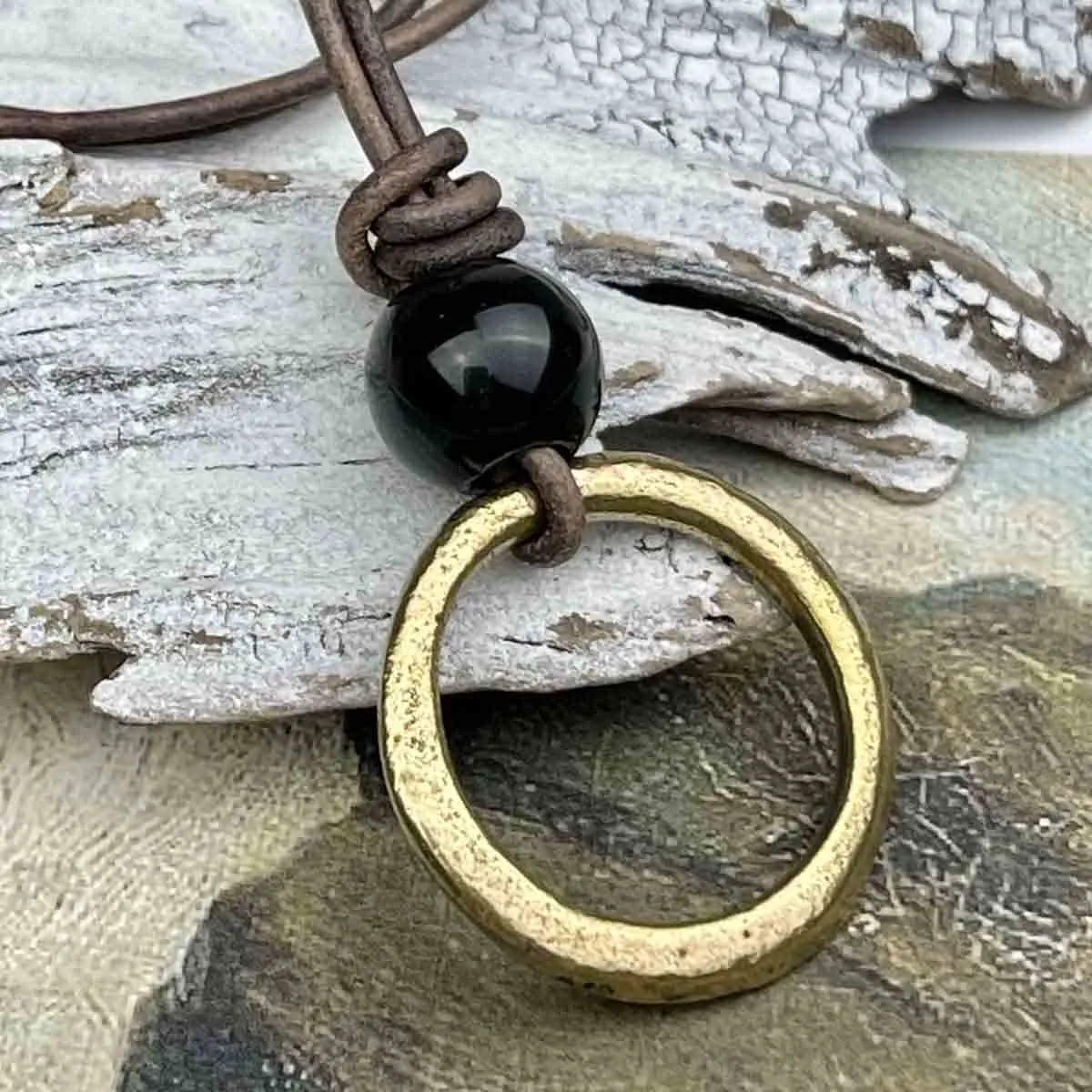 Brightest Golden Bronze Celtic Ring Money & Genuine Obsidian Leather Necklace | Artifact #8385