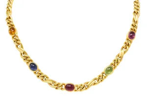 Bulgari 1980's Citrine Sapphire Tourmaline Cabochon 18 Karat Yellow Gold Figaro Chain Vintage Multi-Gem Necklace