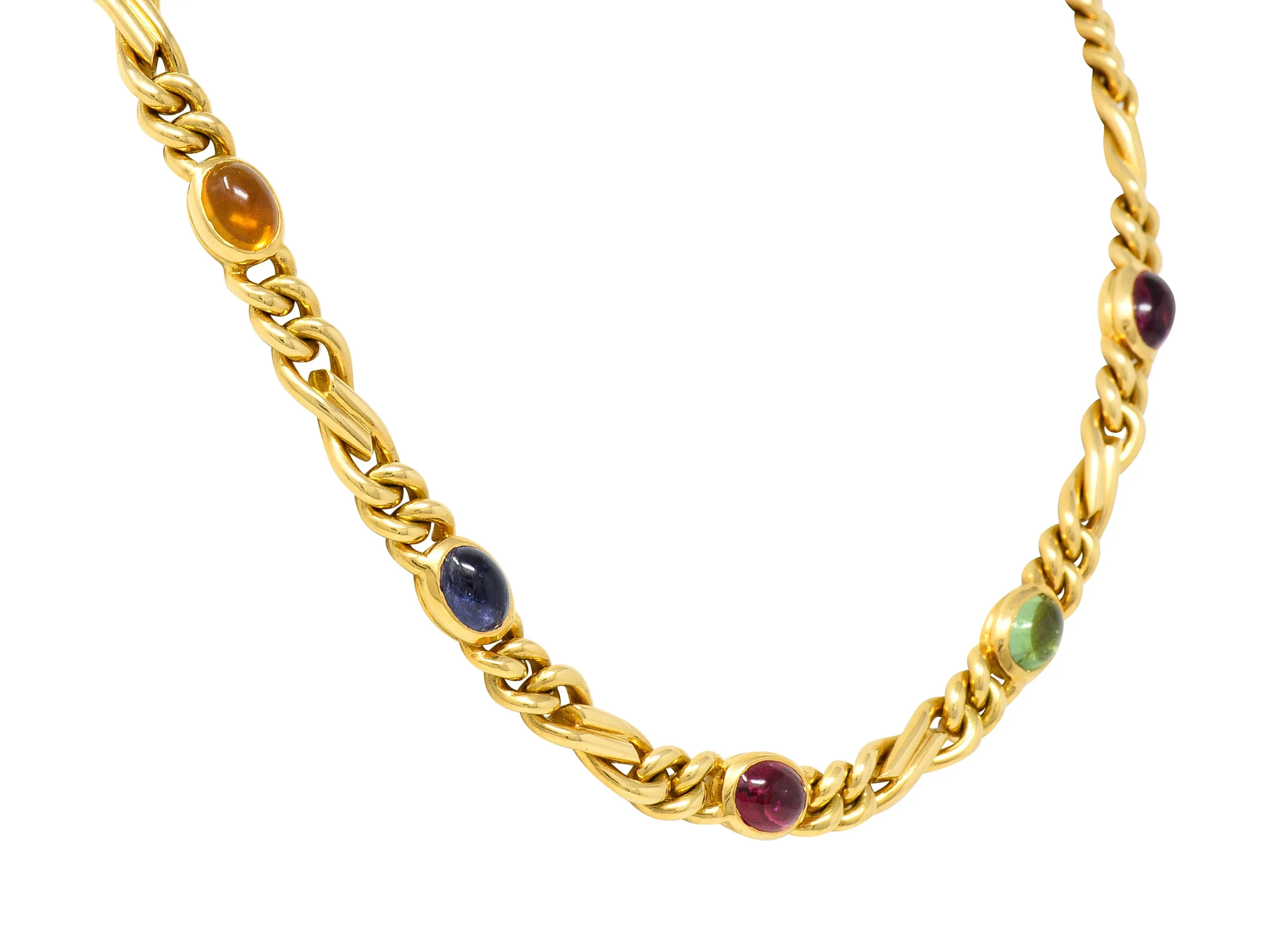 Bulgari 1980's Citrine Sapphire Tourmaline Cabochon 18 Karat Yellow Gold Figaro Chain Vintage Multi-Gem Necklace