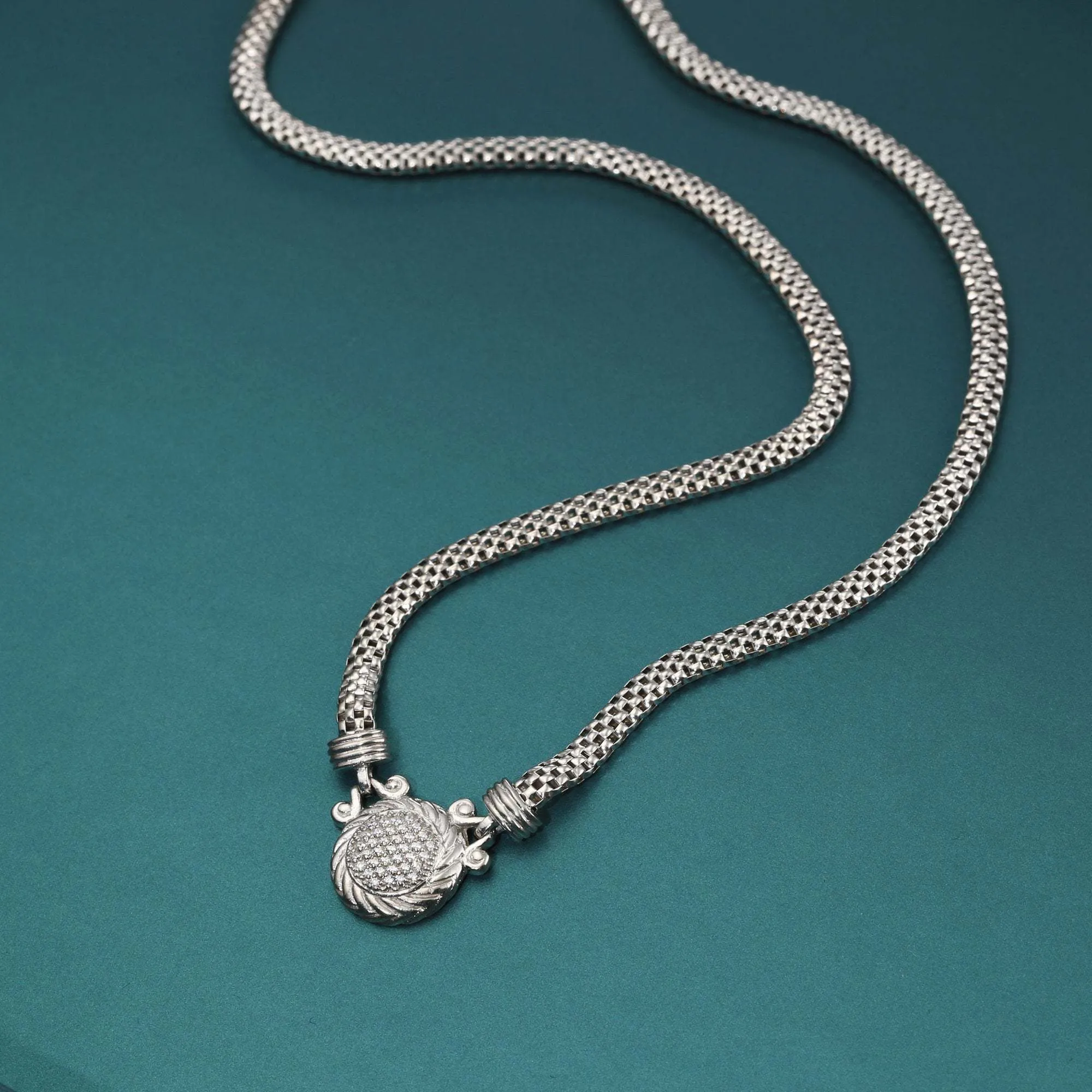 CZ Round Italian Necklace with Secure Lobster Lock in Sterling Silver