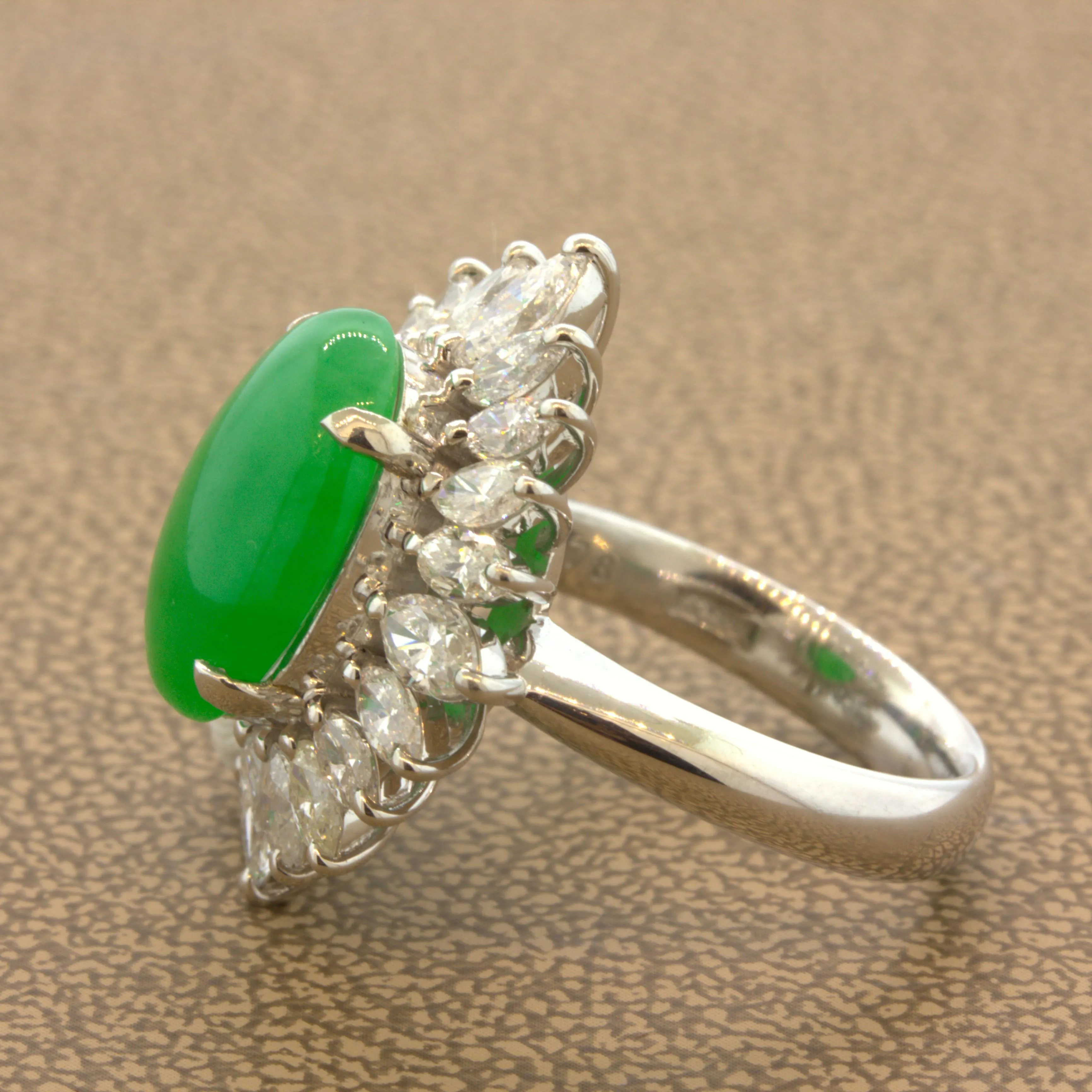 Fine Jadeite Jade Diamond Sunburst Platinum Ring, GIA Certified Tyle A