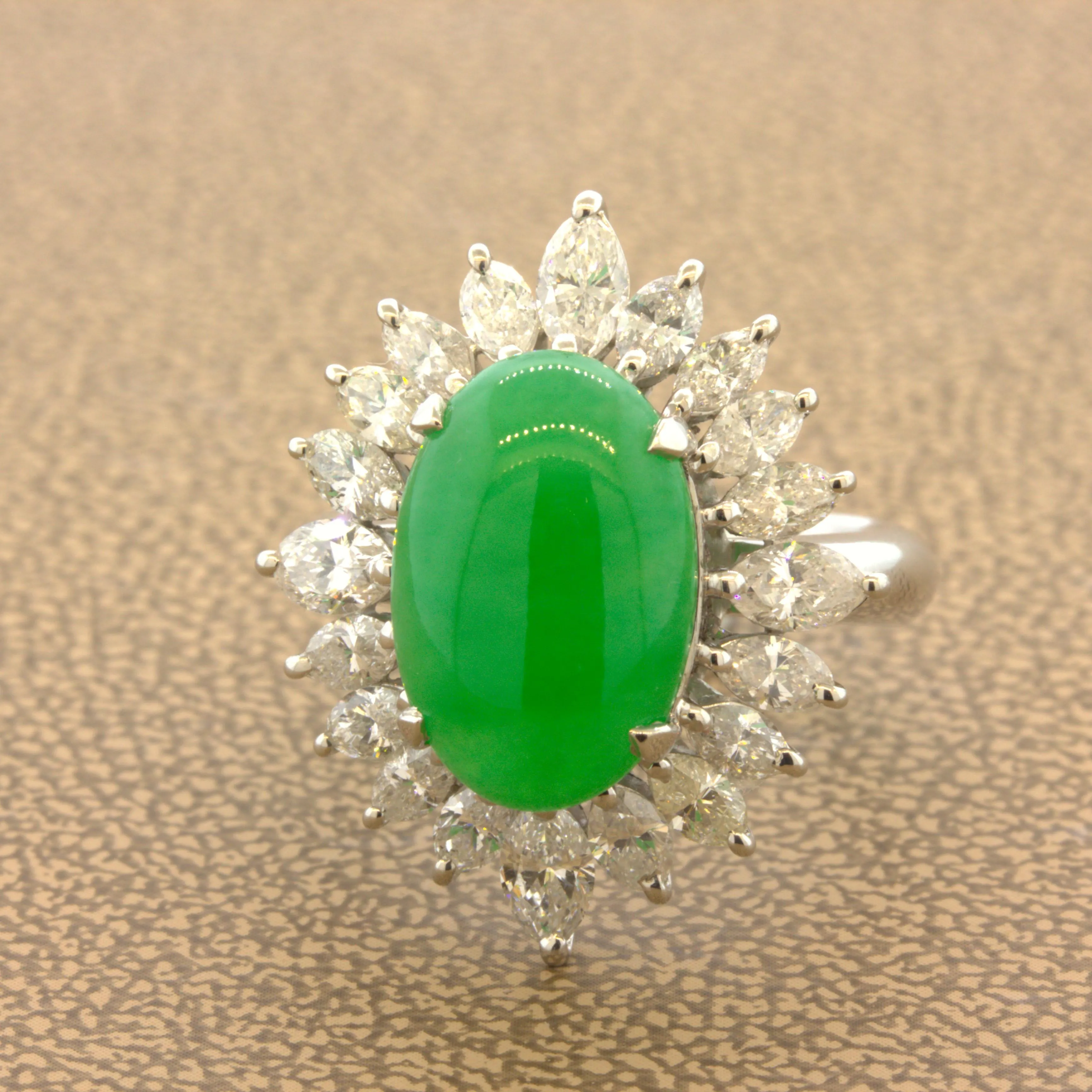 Fine Jadeite Jade Diamond Sunburst Platinum Ring, GIA Certified Tyle A