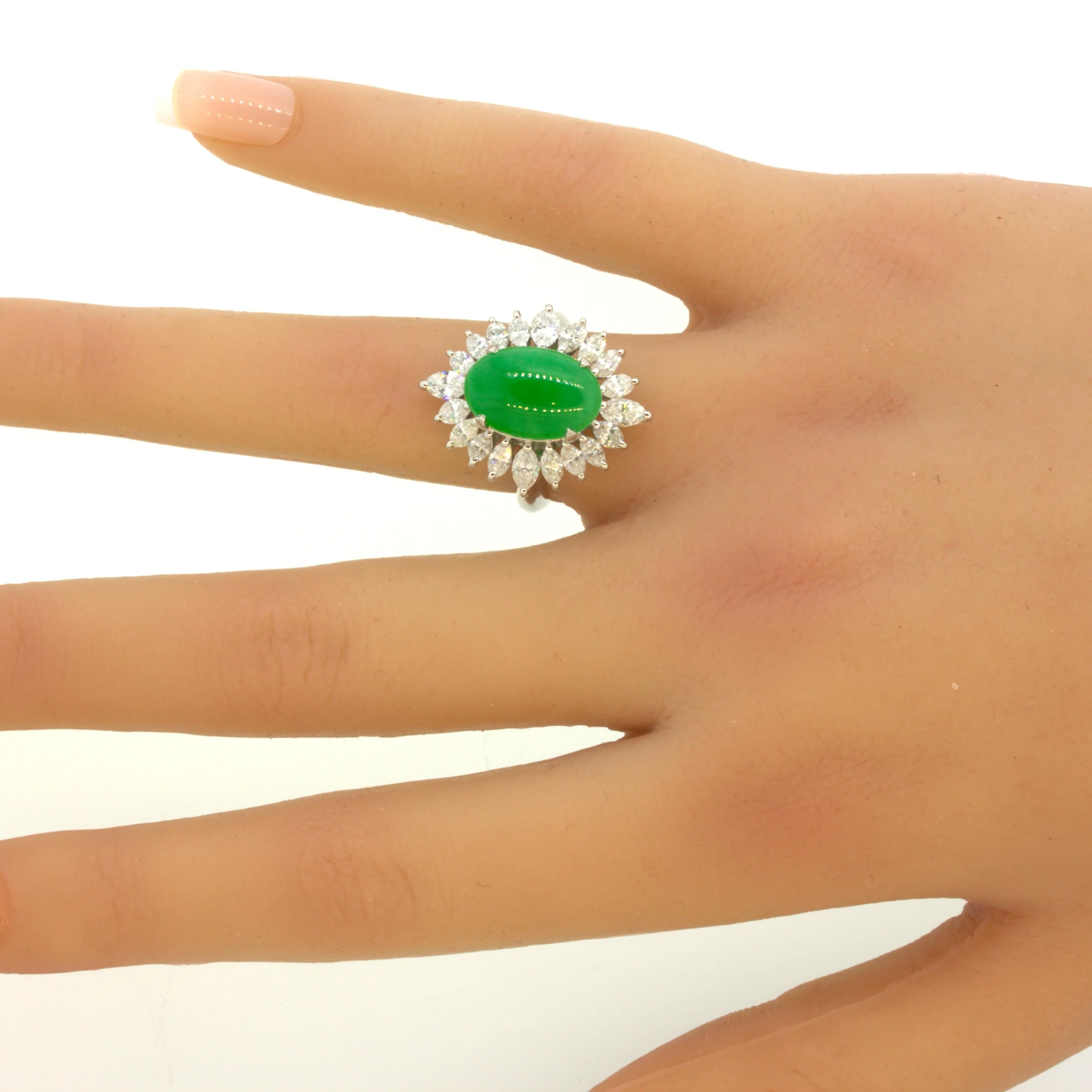 Fine Jadeite Jade Diamond Sunburst Platinum Ring, GIA Certified Tyle A