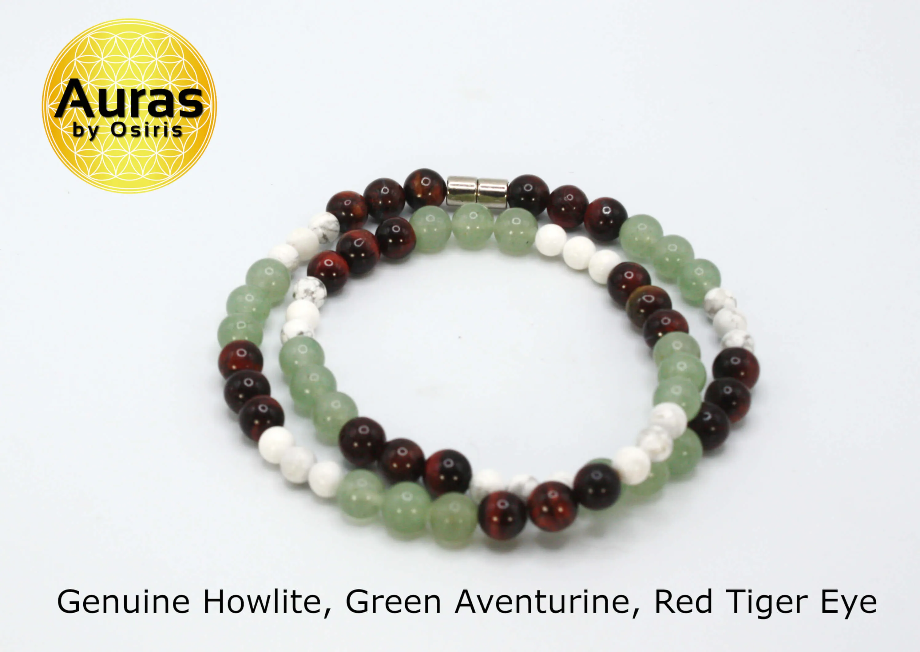 Genuine Howlite, Green Adventurine, Red Tiger Eye Necklace - For Men/Women - 6mm & 8mm Beads - Mexico Necklace