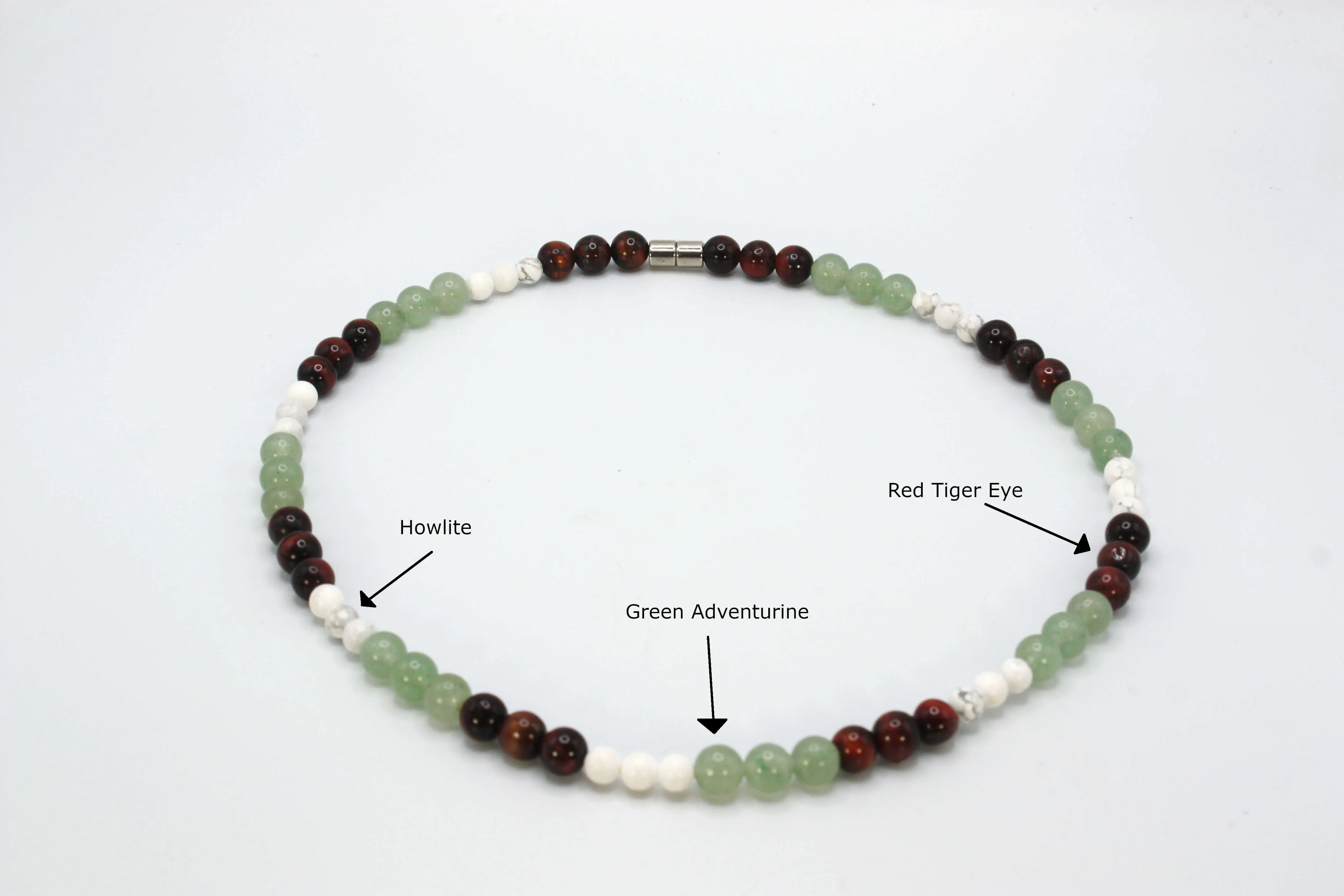 Genuine Howlite, Green Adventurine, Red Tiger Eye Necklace - For Men/Women - 6mm & 8mm Beads - Mexico Necklace