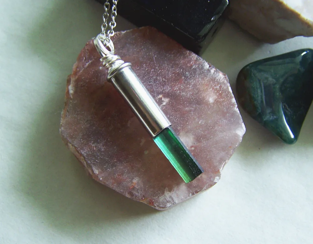 Green Tourmaline Gemstone Silver Bullet Pendant Necklace