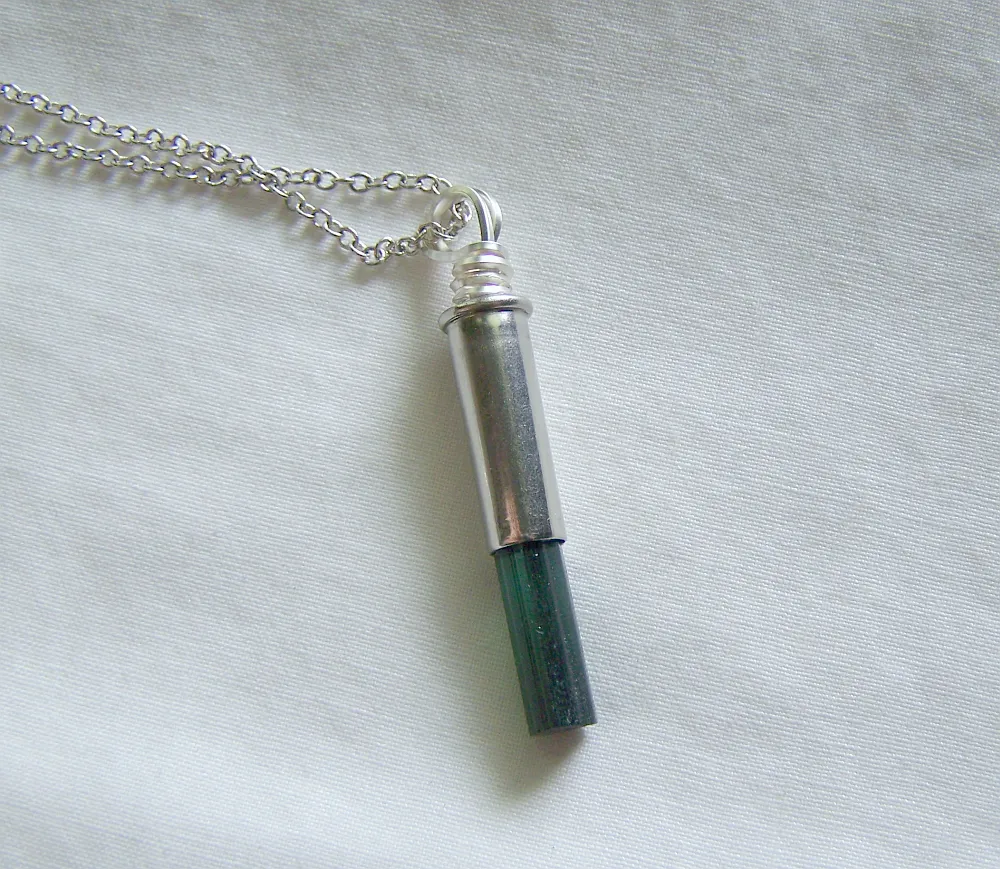 Green Tourmaline Gemstone Silver Bullet Pendant Necklace