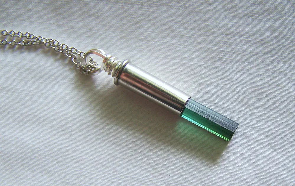 Green Tourmaline Gemstone Silver Bullet Pendant Necklace