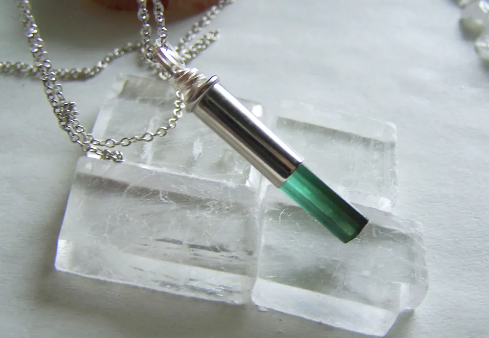 Green Tourmaline Gemstone Silver Bullet Pendant Necklace