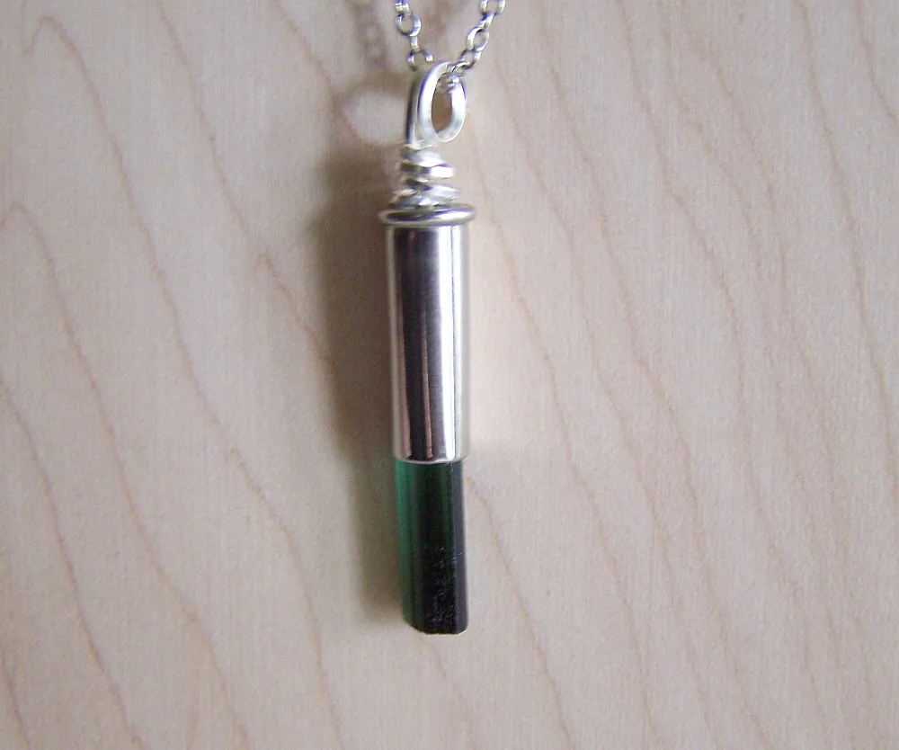 Green Tourmaline Gemstone Silver Bullet Pendant Necklace