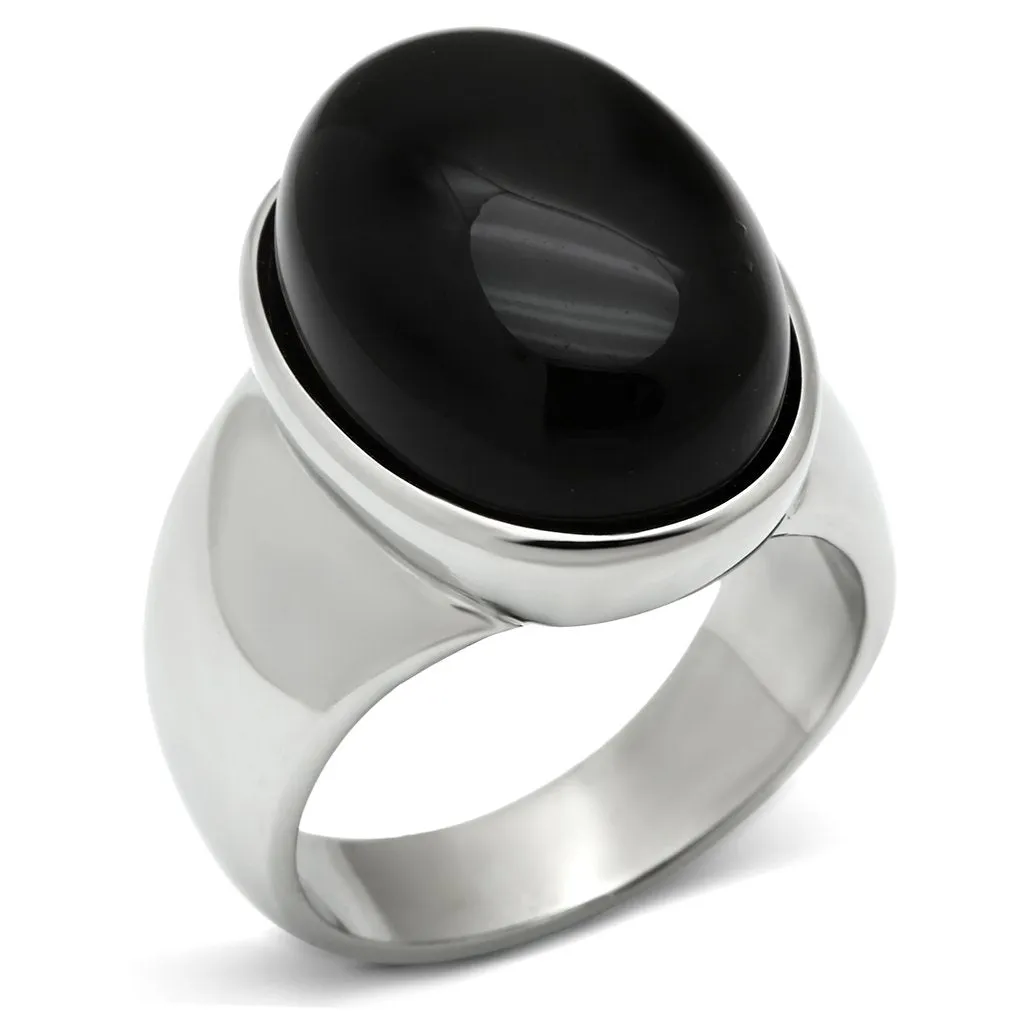 High polished (no plating) Stainless Steel Ring with Semi-Precious Onyx in Jet for Women Style TK501