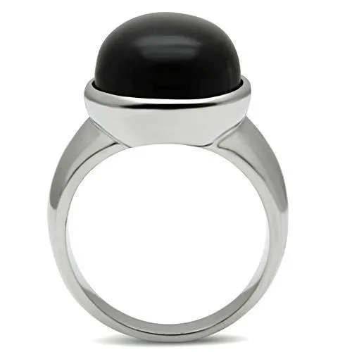 High polished (no plating) Stainless Steel Ring with Semi-Precious Onyx in Jet for Women Style TK501