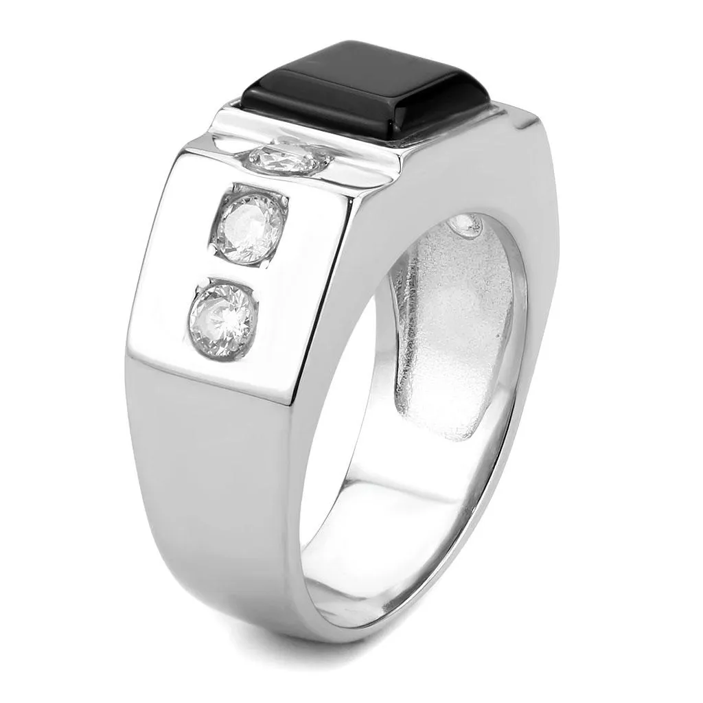 High polished (no plating) Stainless Steel Ring with Synthetic Onyx in Jet for Women Style TK3615