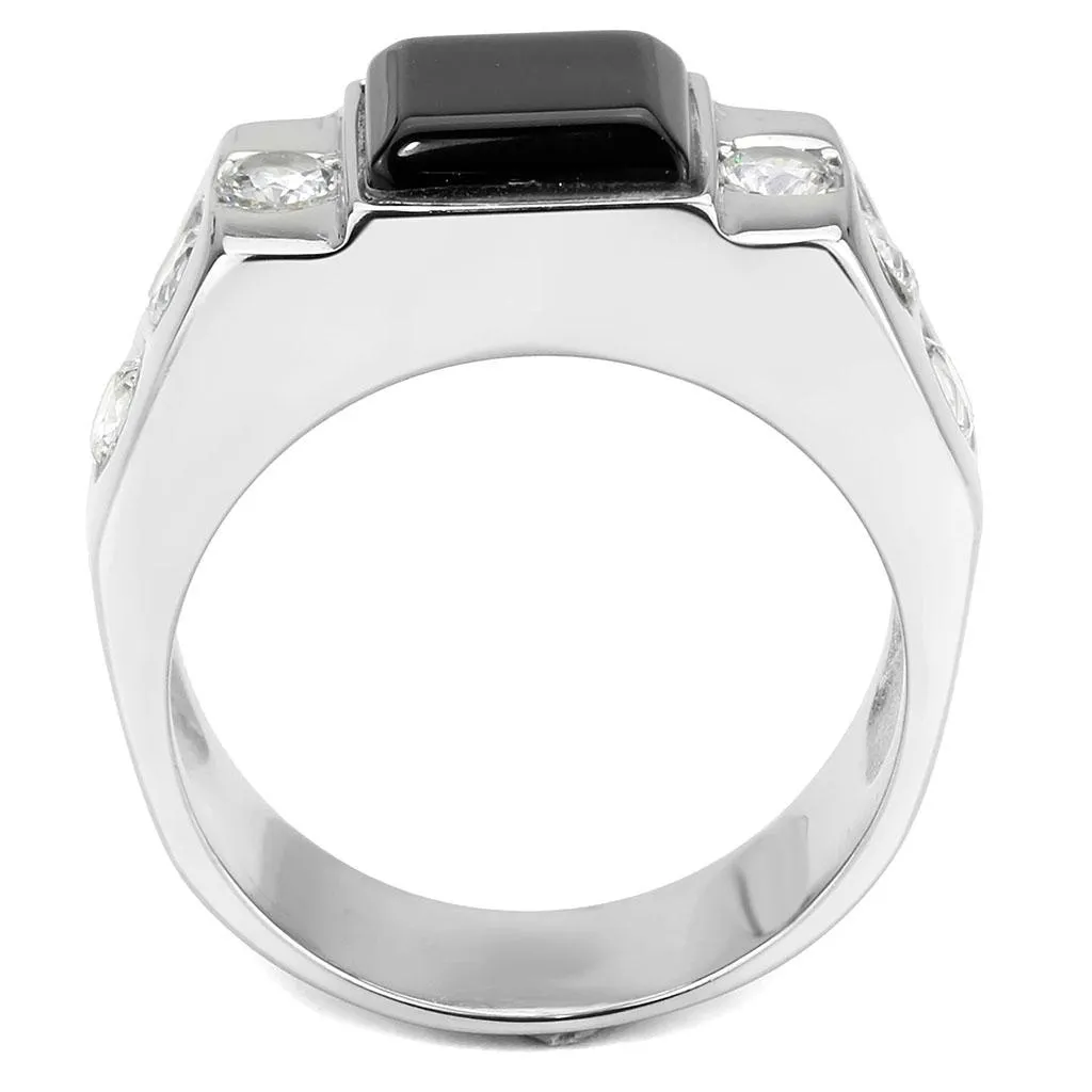 High polished (no plating) Stainless Steel Ring with Synthetic Onyx in Jet for Women Style TK3615