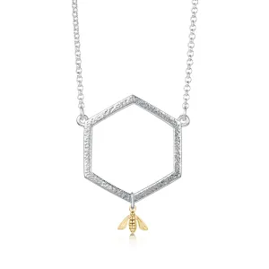 Honeycomb Silver Dress Necklace with 9ct Yellow Gold Bee