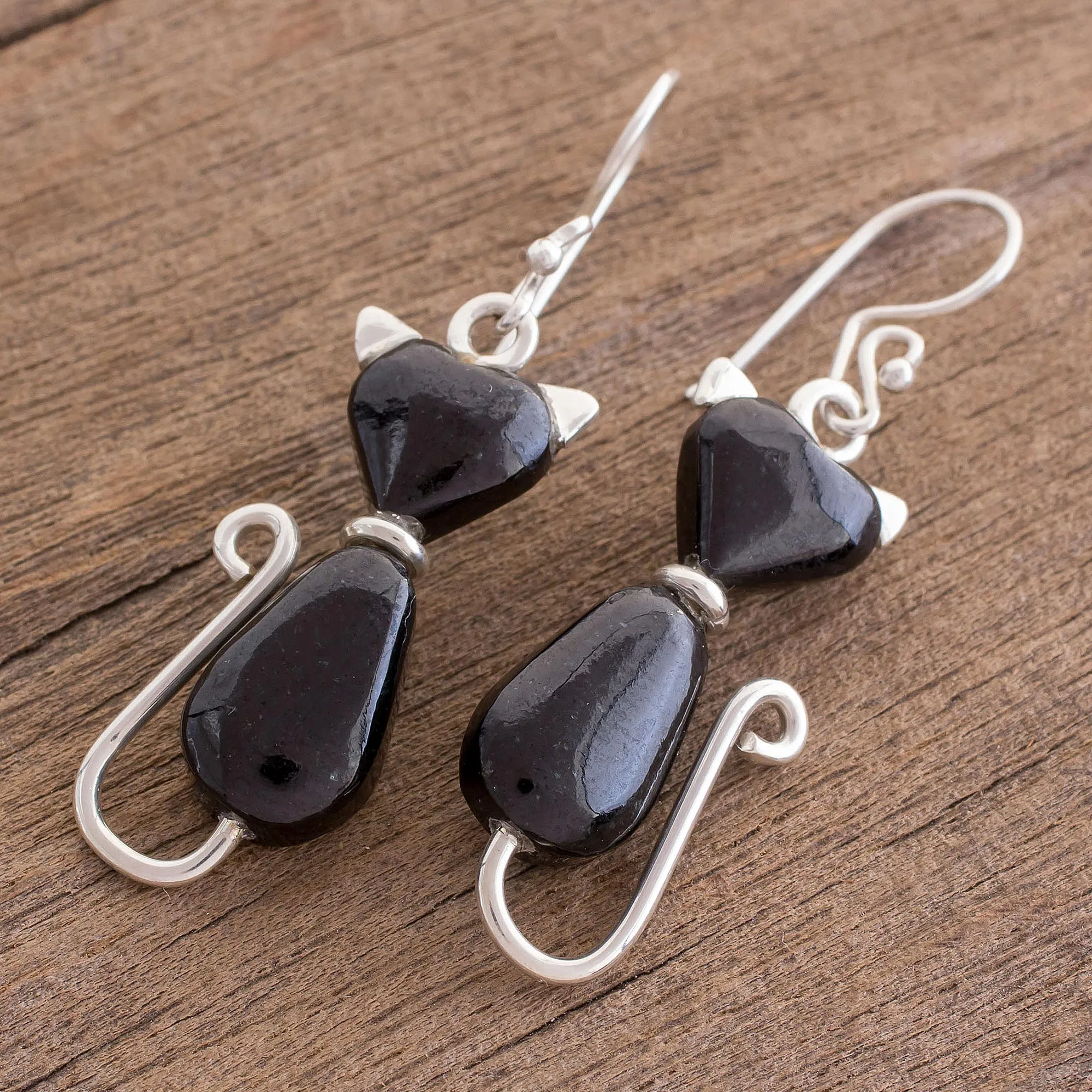 Jade Cat Dangle Earrings in Black from Guatemala - Cats of Love in Black | NOVICA