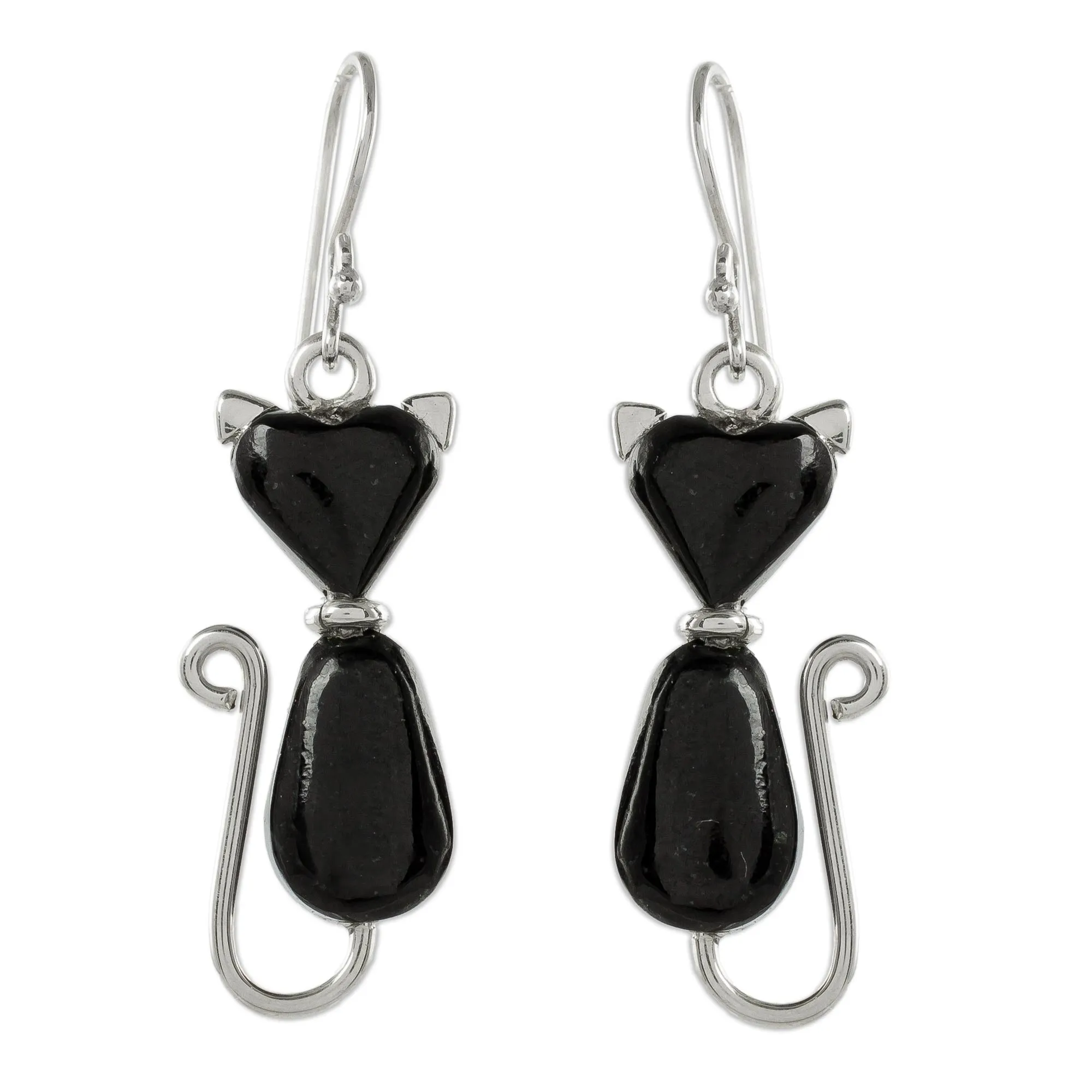 Jade Cat Dangle Earrings in Black from Guatemala - Cats of Love in Black | NOVICA