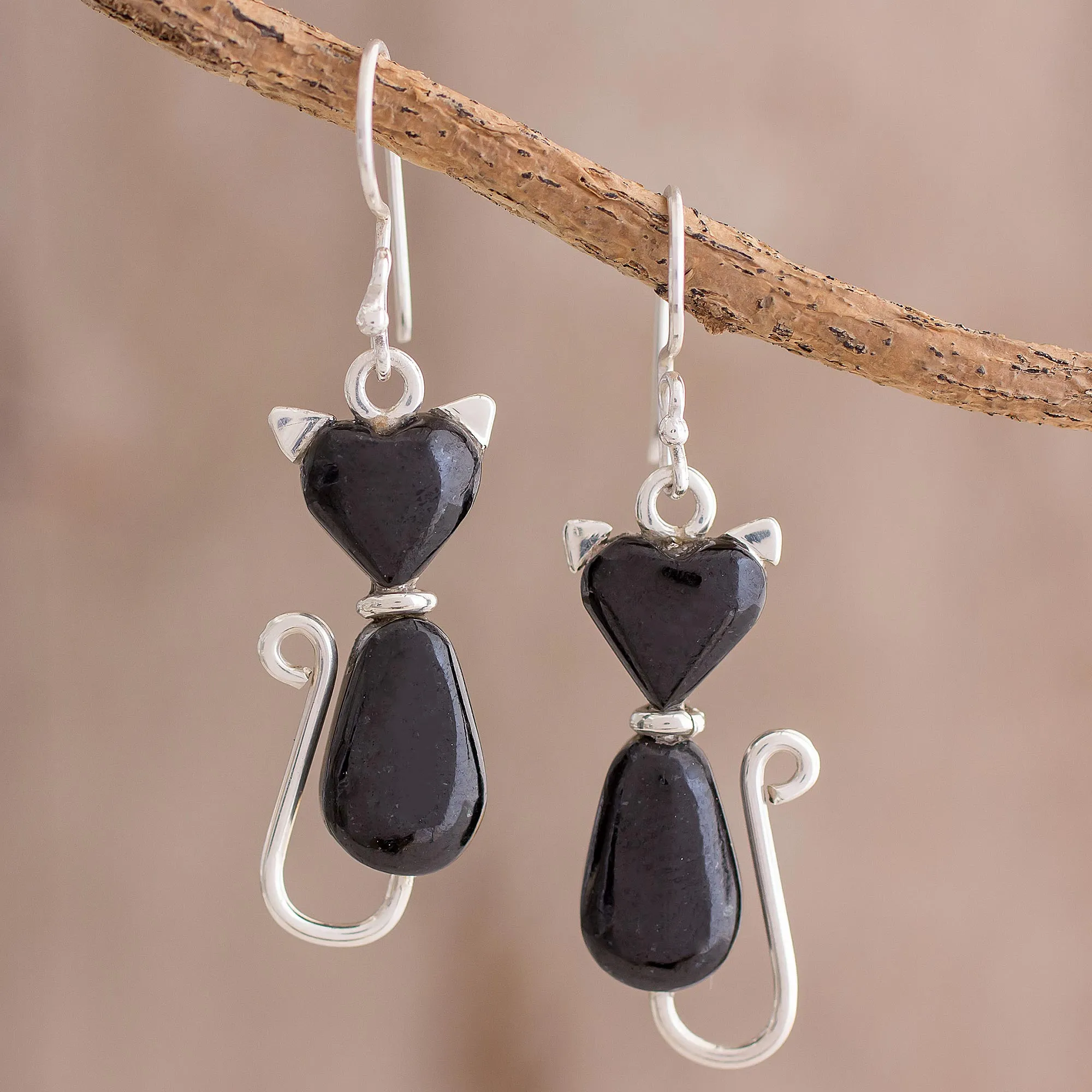 Jade Cat Dangle Earrings in Black from Guatemala - Cats of Love in Black | NOVICA