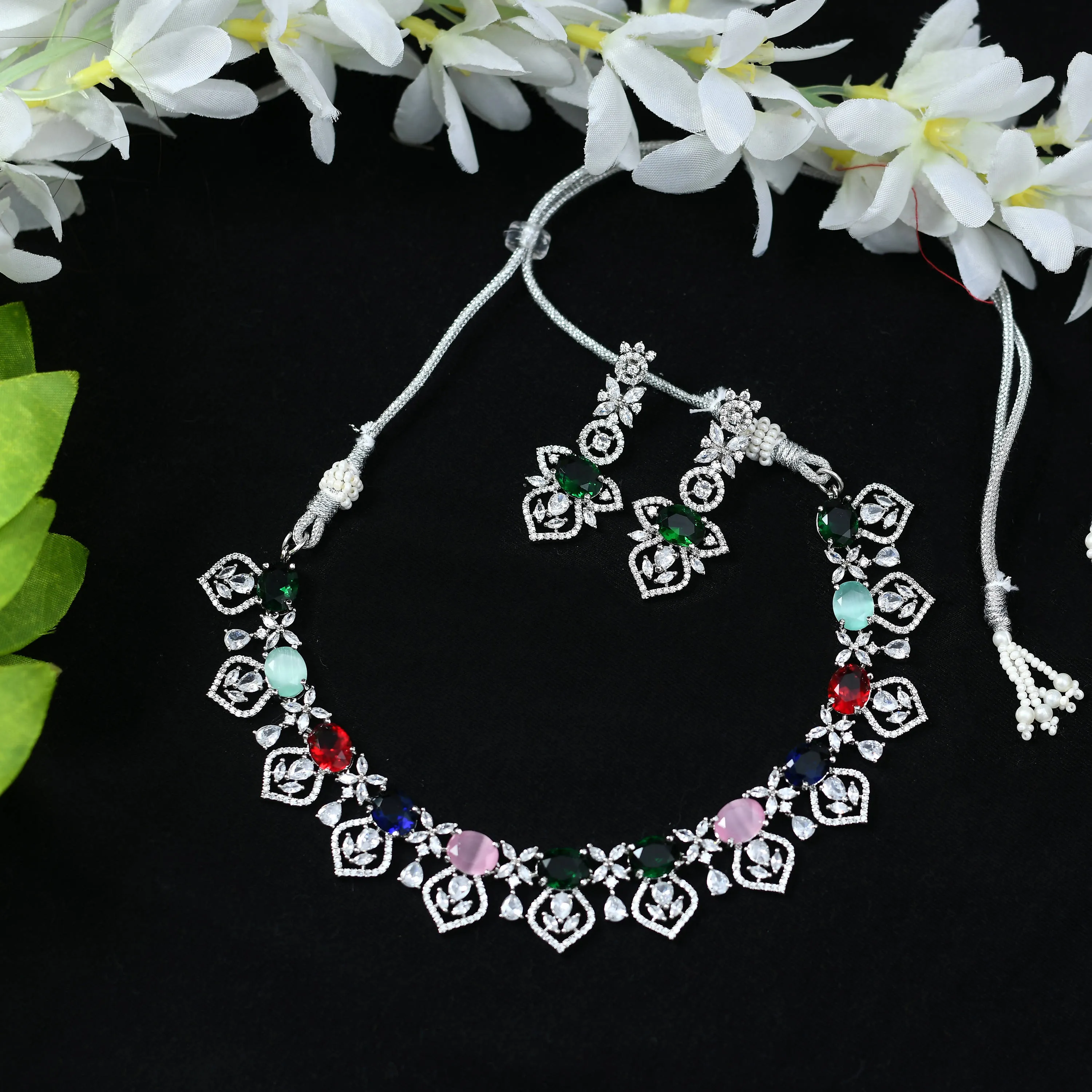 Kamal Johar American Diamond Silver-Plated Multi Stone Jewellery Set Jkms_083