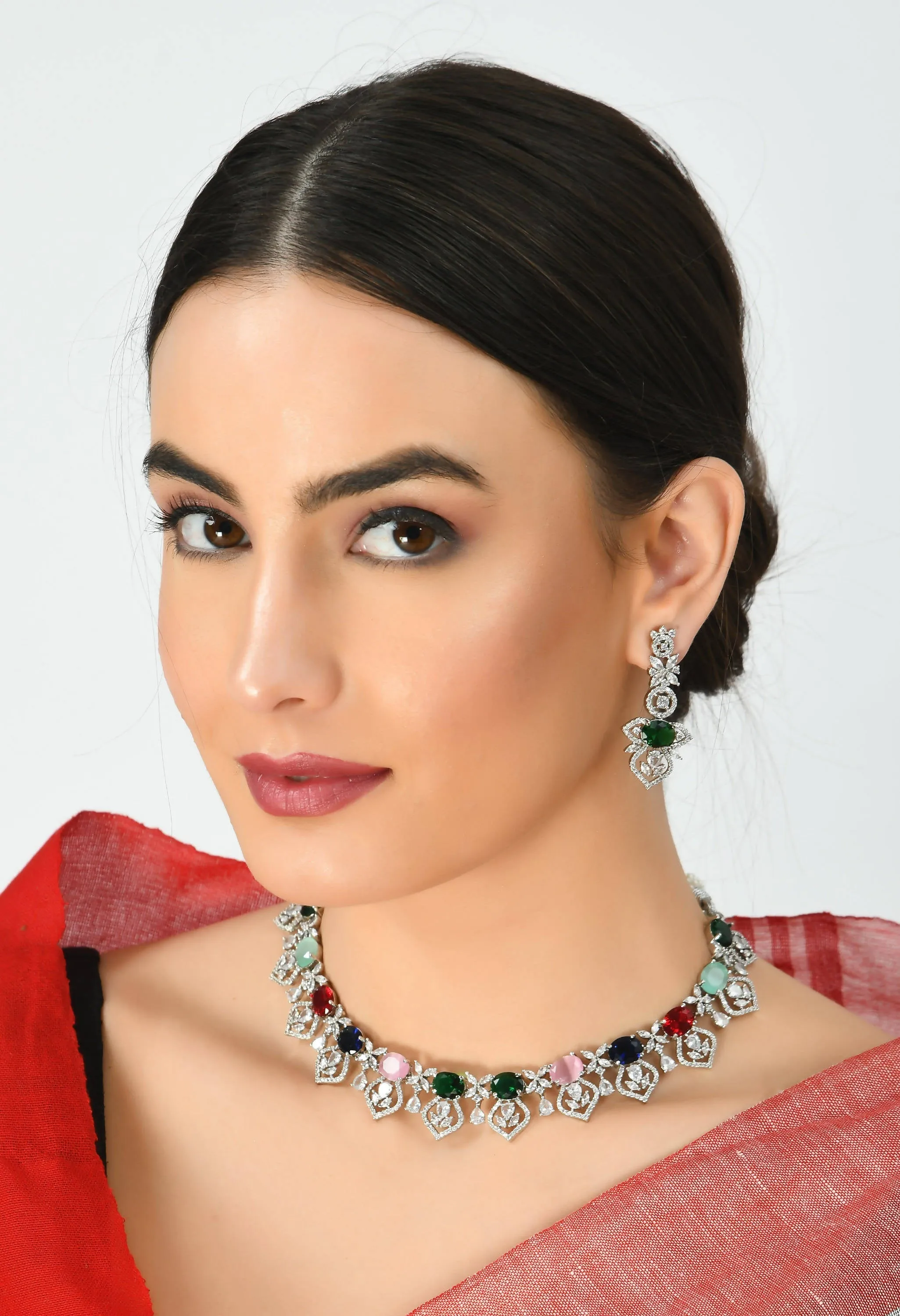 Kamal Johar American Diamond Silver-Plated Multi Stone Jewellery Set Jkms_083