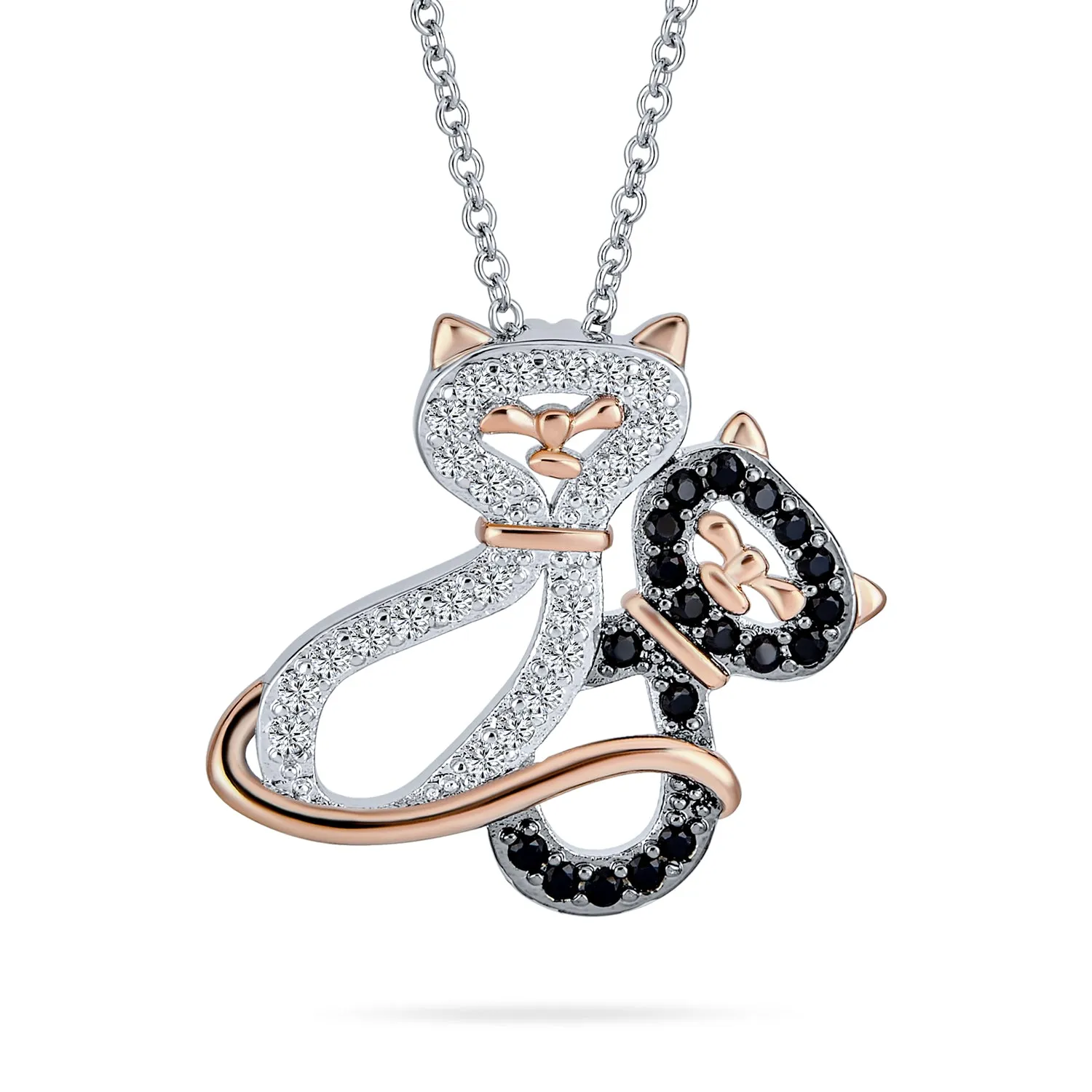 Kitty Cat Pendant Necklace CZ Black & White Kitten Jewelry for Teens in Two-Tone Gold