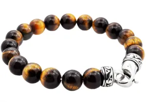 Mens Genuine 10mm Tiger Eye Stainless Steel Beaded Bracelet